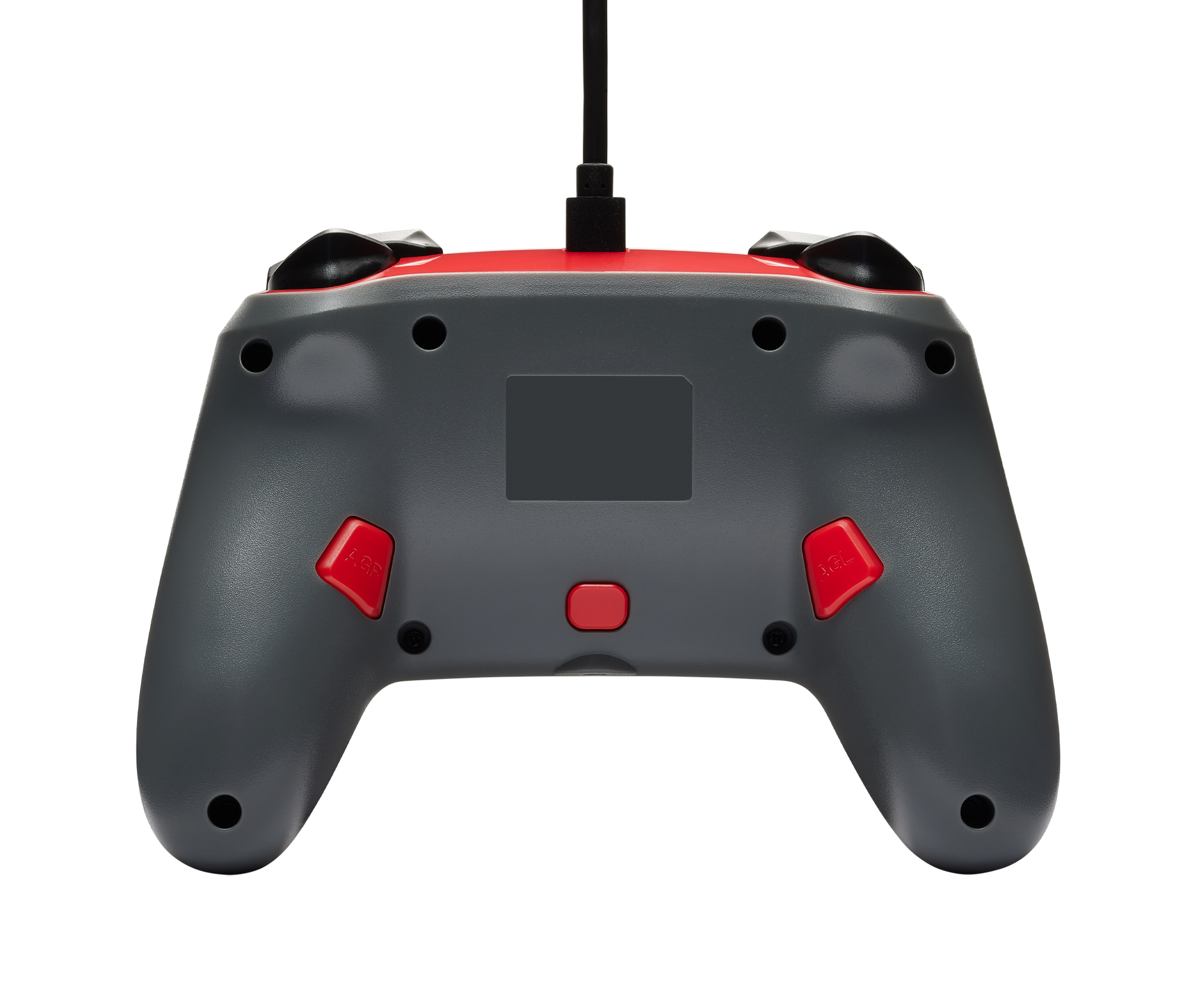 Retro di un controller di gioco grigio e rosso. Pulsanti rossi e corpo grigio.
