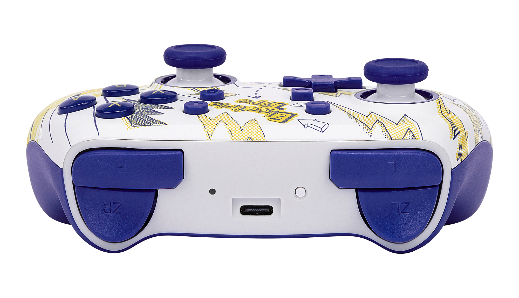 Controller di gioco bianco e blu con pulsanti e joystick.