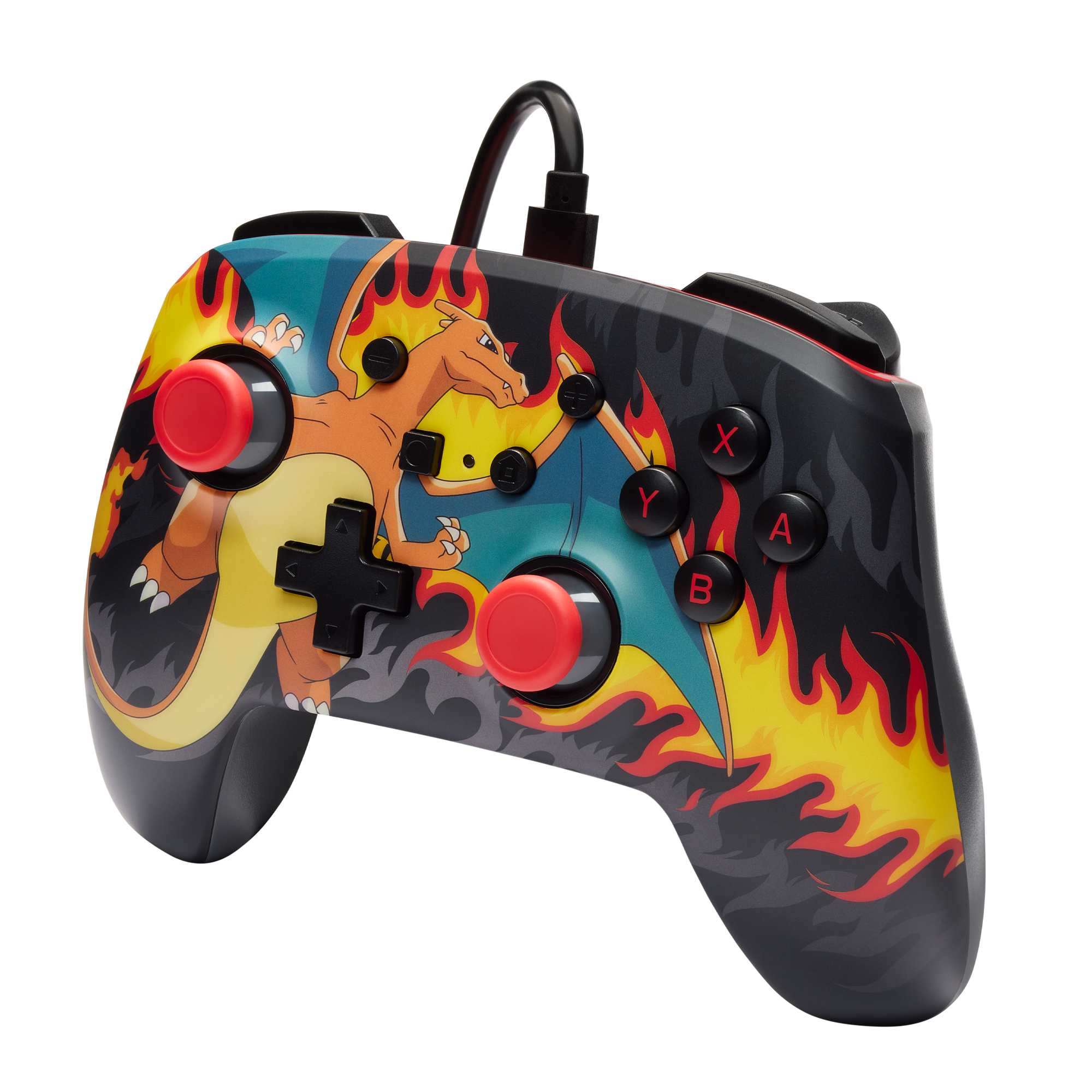 Un controller di gioco colorato con un design Charizard. Sfondo bianco.