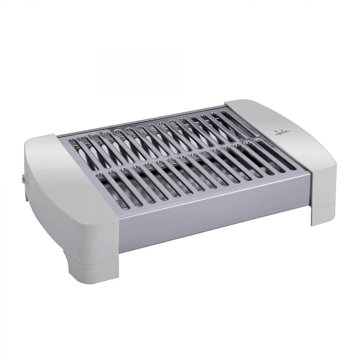 Elektrischer Grill in Silber und Weiß. Weißer Hintergrund.