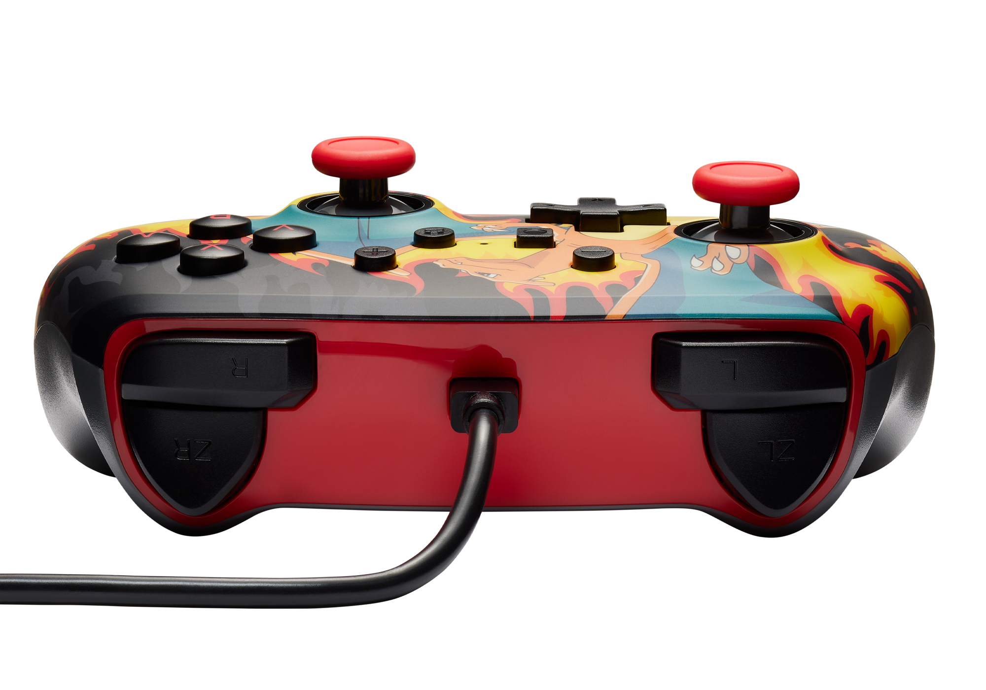 Un controller di gioco rosso e nero con design Charizard.