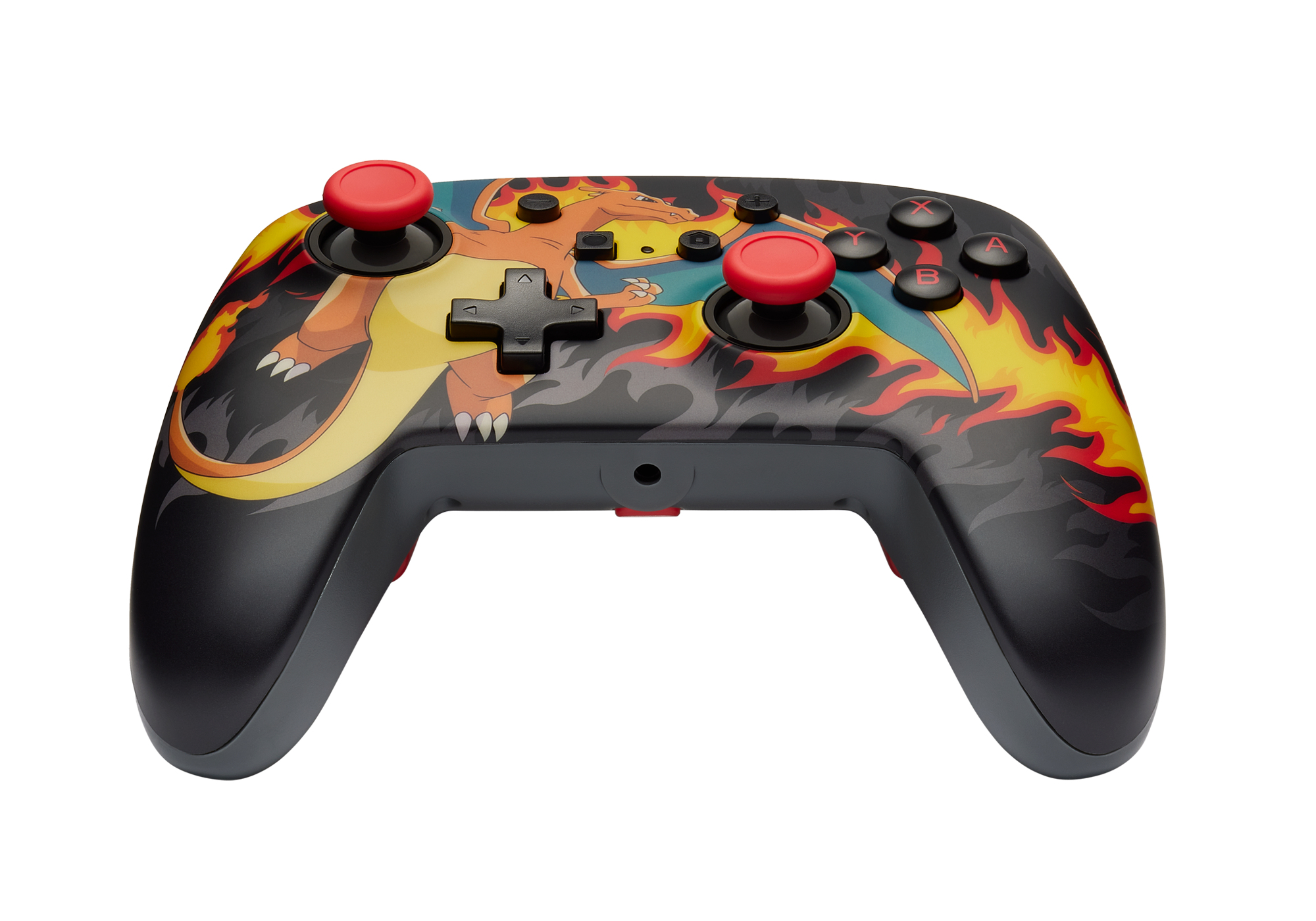 Controller di gioco nero con design Charizard. Pulsanti e joystick rossi.