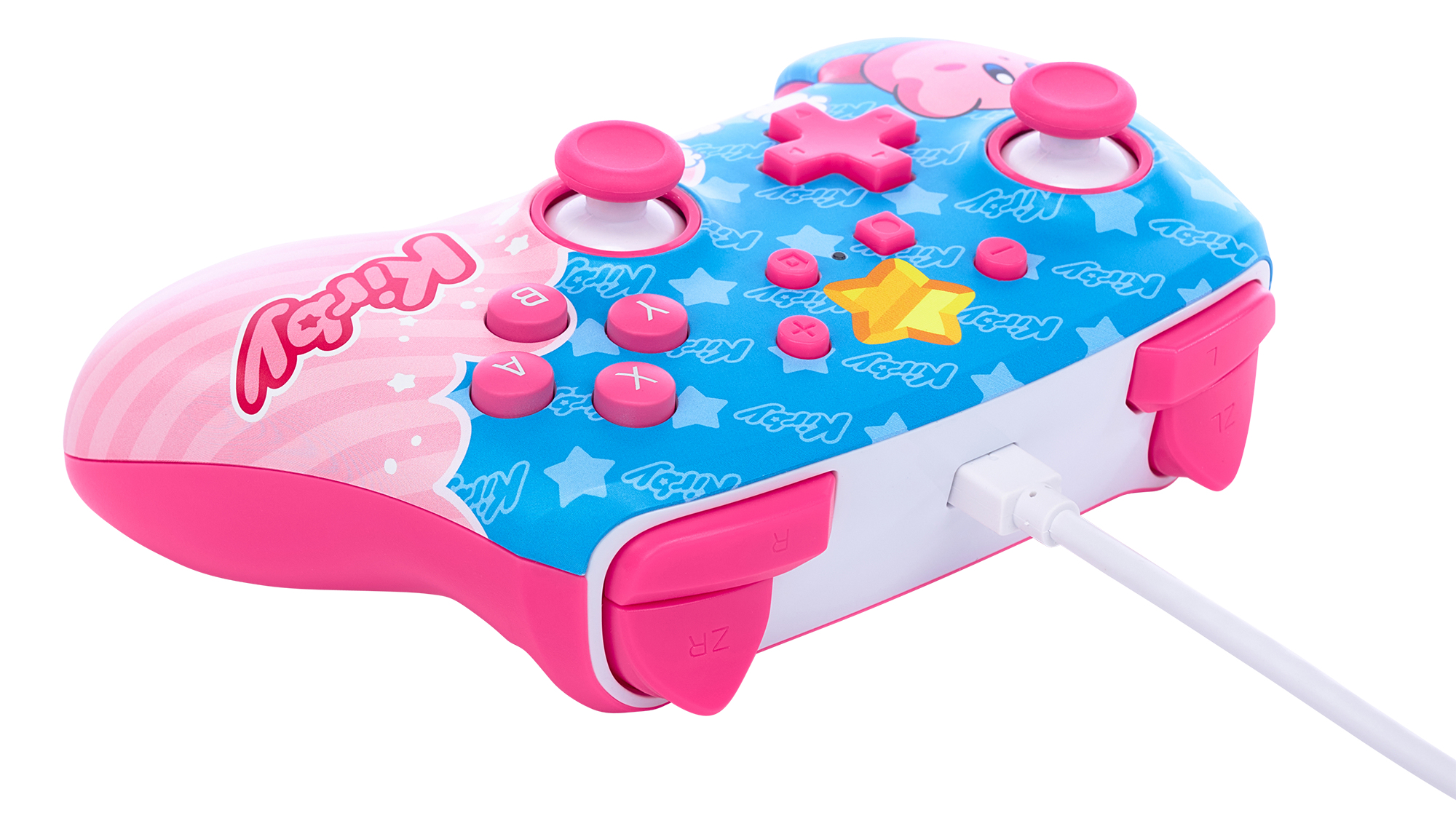 Różowy i niebieski kontroler do gier z motywem Kirby, z różowymi przyciskami i białym kablem.
