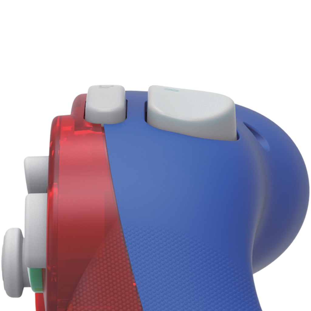 Zbliżenie niebiesko-czerwonego kontrolera do gier, pokazujące przyciski i joystick.