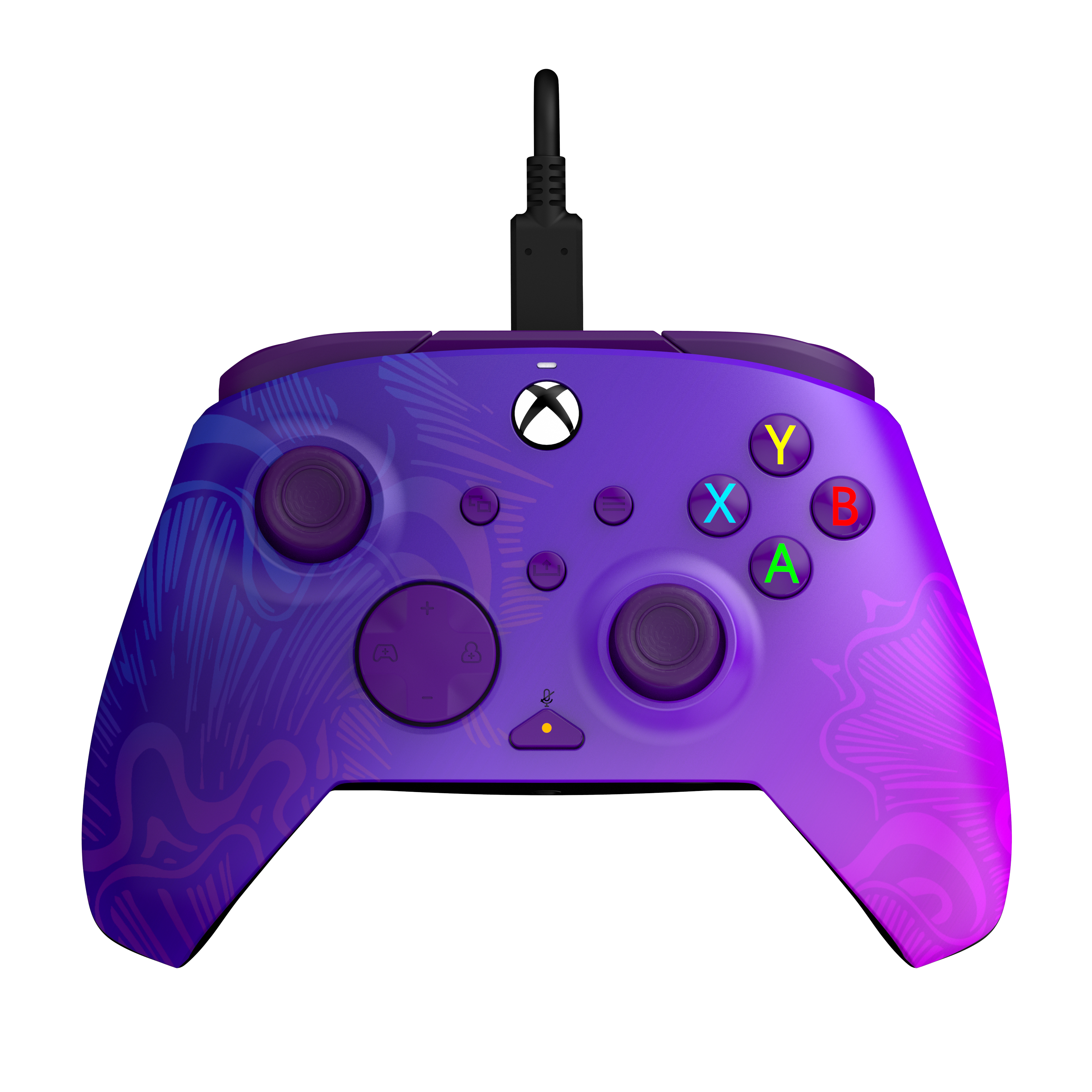 Mando Xbox morado con conexión por cable. Tiene botones coloridos, joysticks y un logotipo de Xbox blanco.