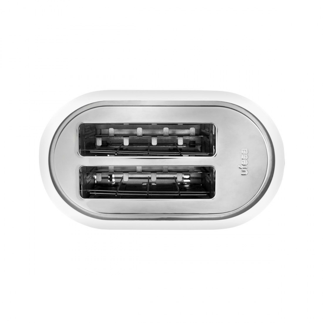 Biały toster z dwoma otworami. Pokazano widok z góry urządzenia.