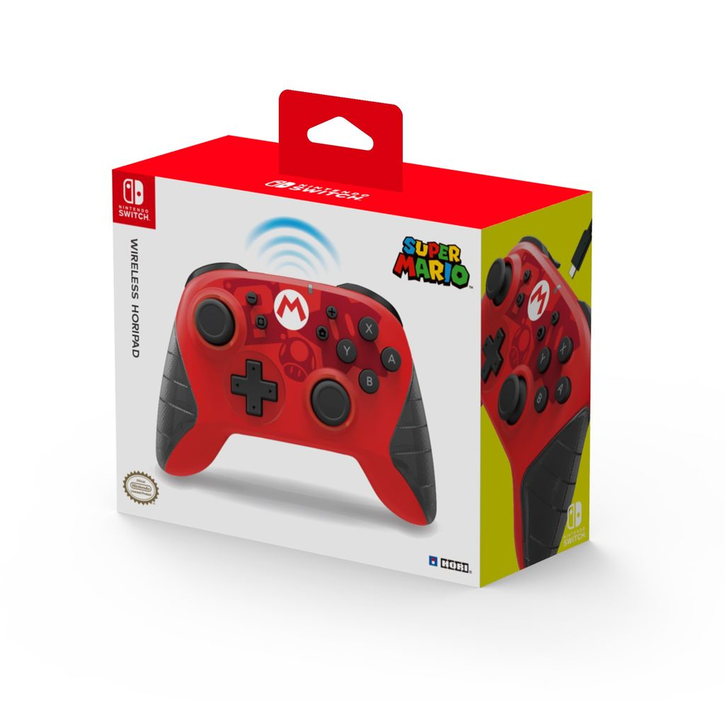 Eine rote und schwarze Super Mario Nintendo Switch Controller-Box, mit dem Controller darin.