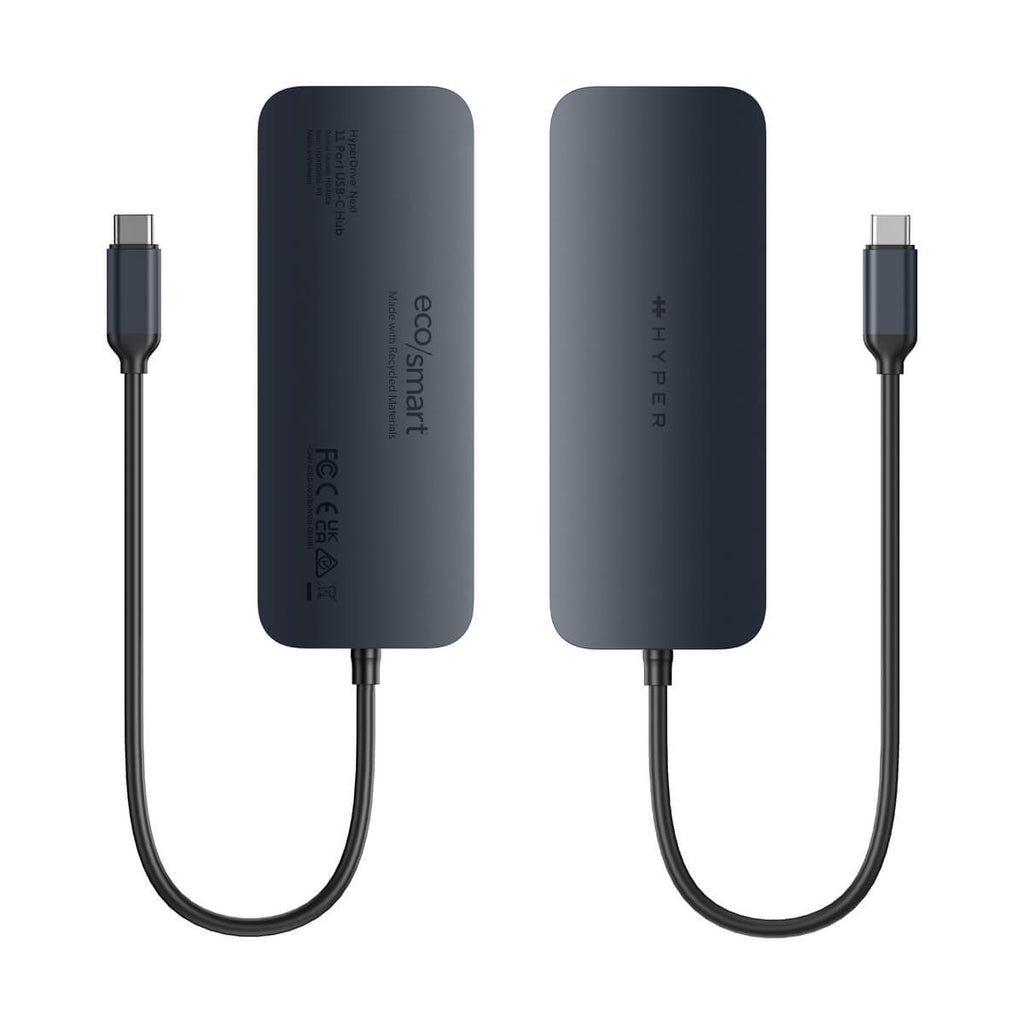 Due hub USB-C grigi, con cavi e connettori neri, su sfondo bianco.