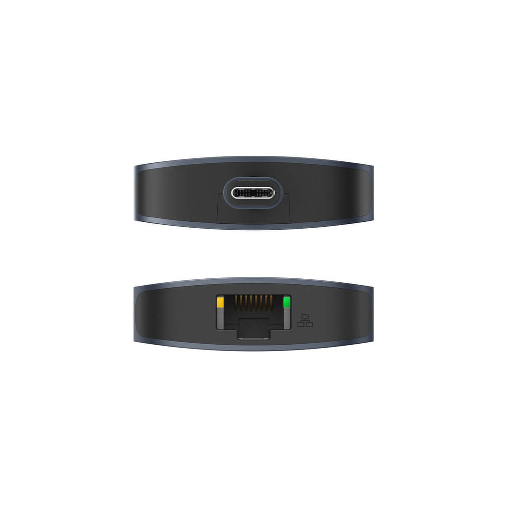 Due lati di un dispositivo nero con una porta USB e una porta di rete.