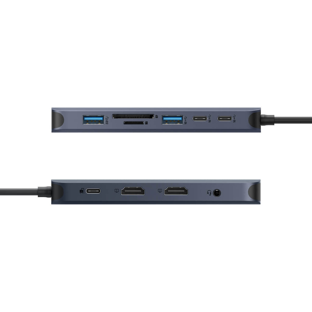 Un hub USB blu scuro con più porte, visto da due angolazioni diverse.