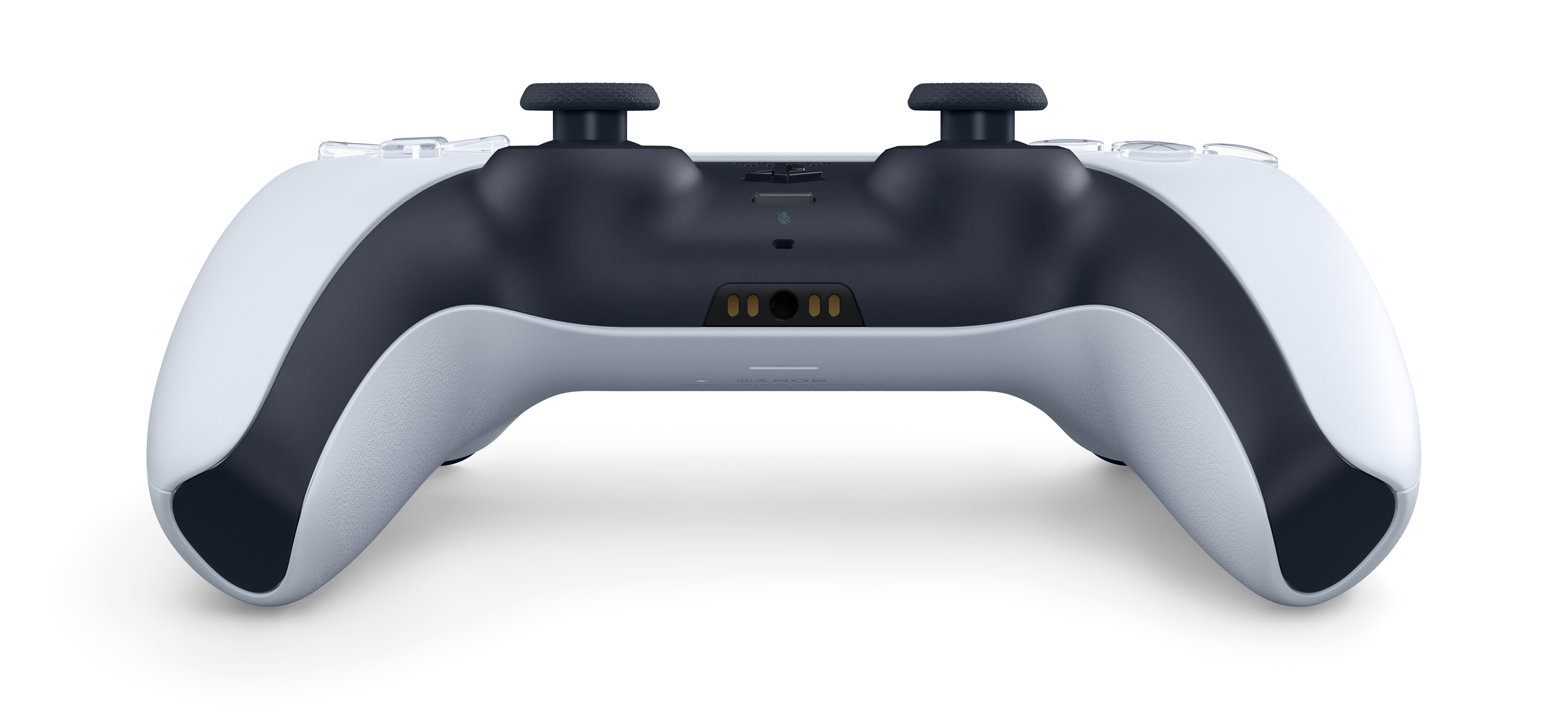 Weiße und schwarze Spielkonsole mit zwei Joysticks.