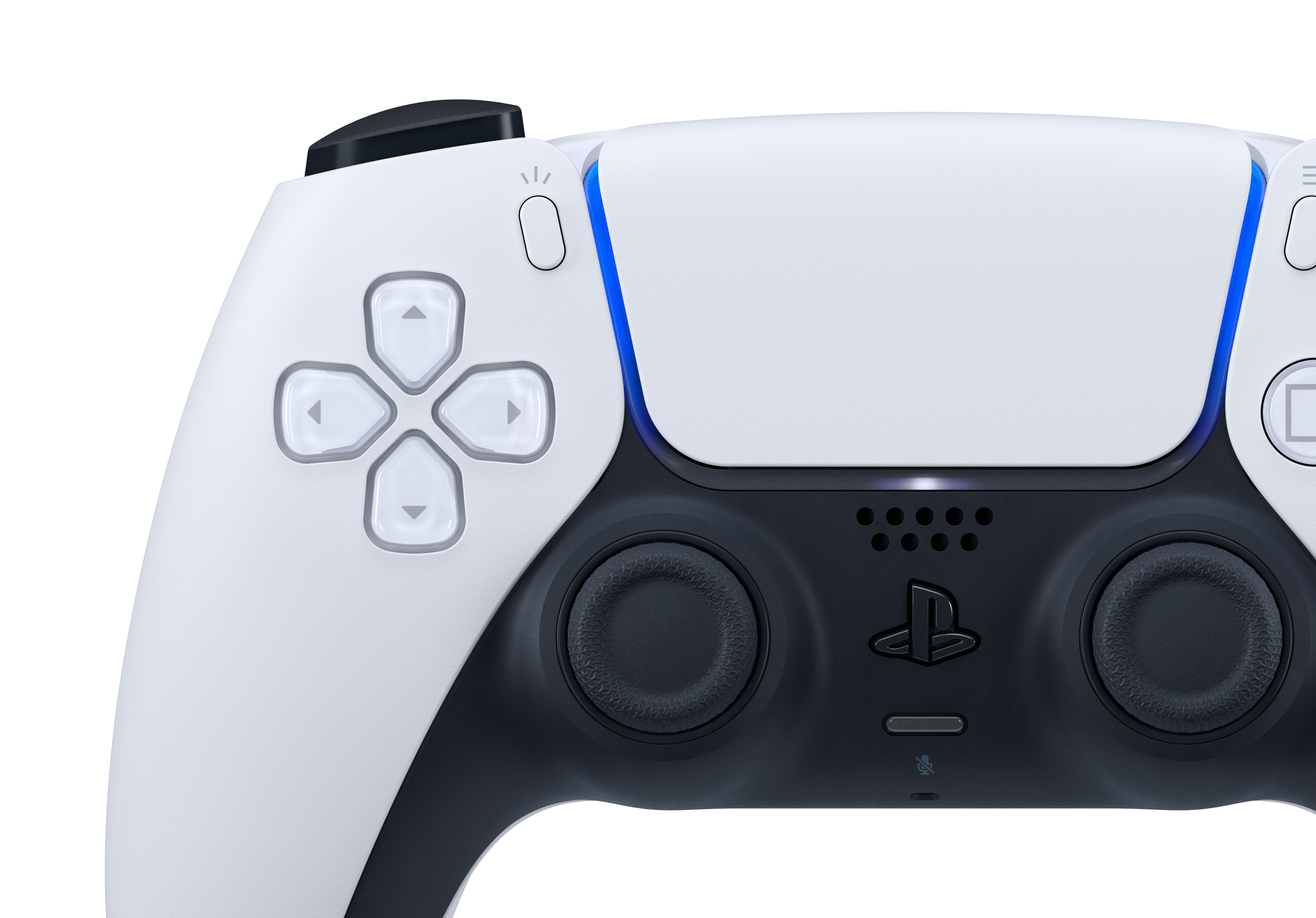 Ein weißer und schwarzer PlayStation 5 Controller mit blauer Beleuchtung.