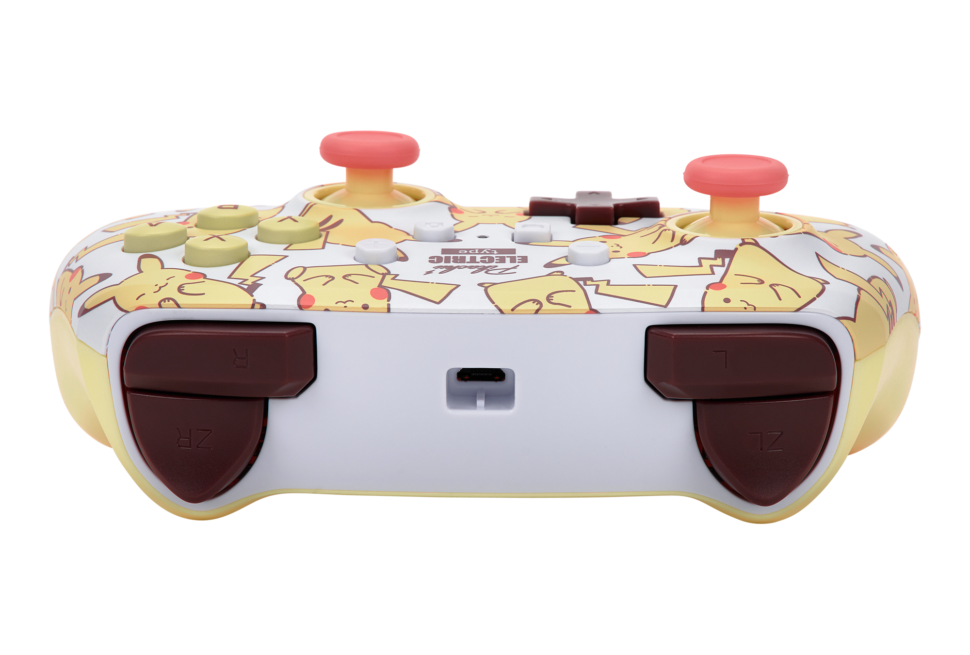 Ein weiß-gelber Nintendo Switch-Controller mit Pikachu-Design und braunen Knöpfen.