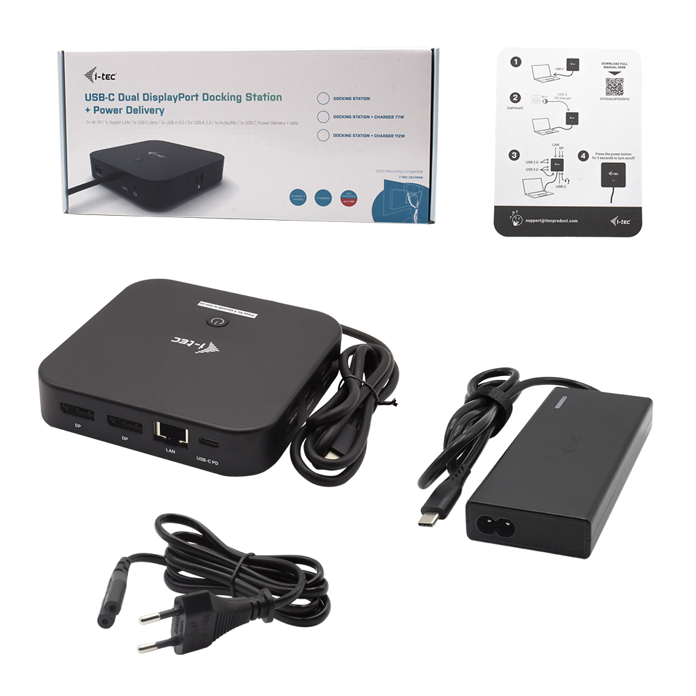 Black docking station with cables and a power adapter, plus instruction sheet.