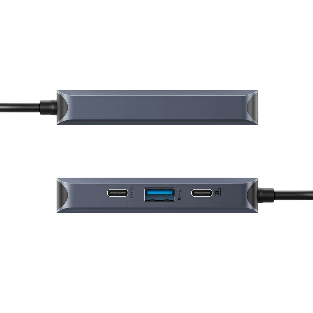 Hub USB-C grigio. Due unità collegate. Ognuna ha porte USB-C e USB. Sopra non ci sono porte.