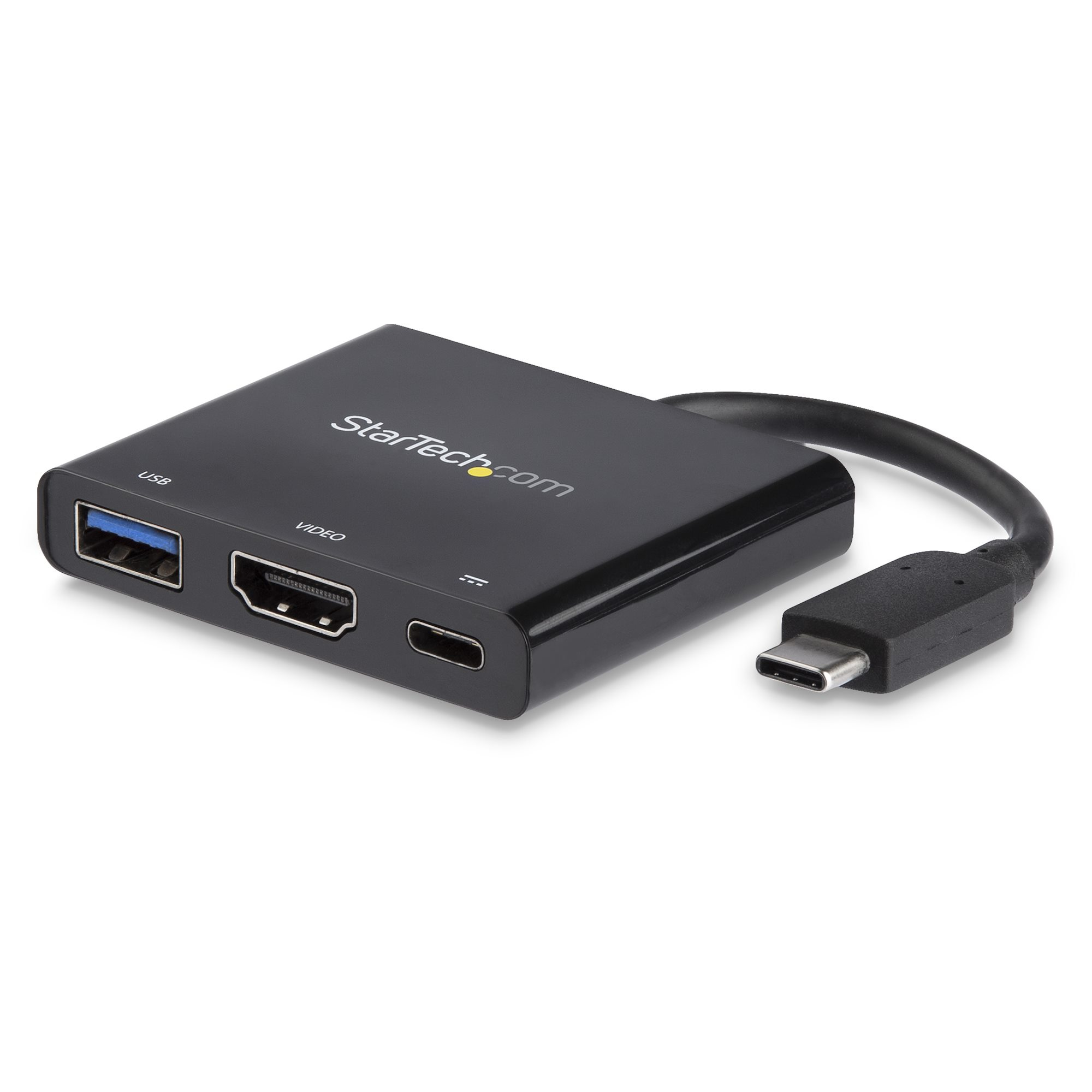 Hub USB-C nero con porte USB e HDMI. Il marchio è visibile.