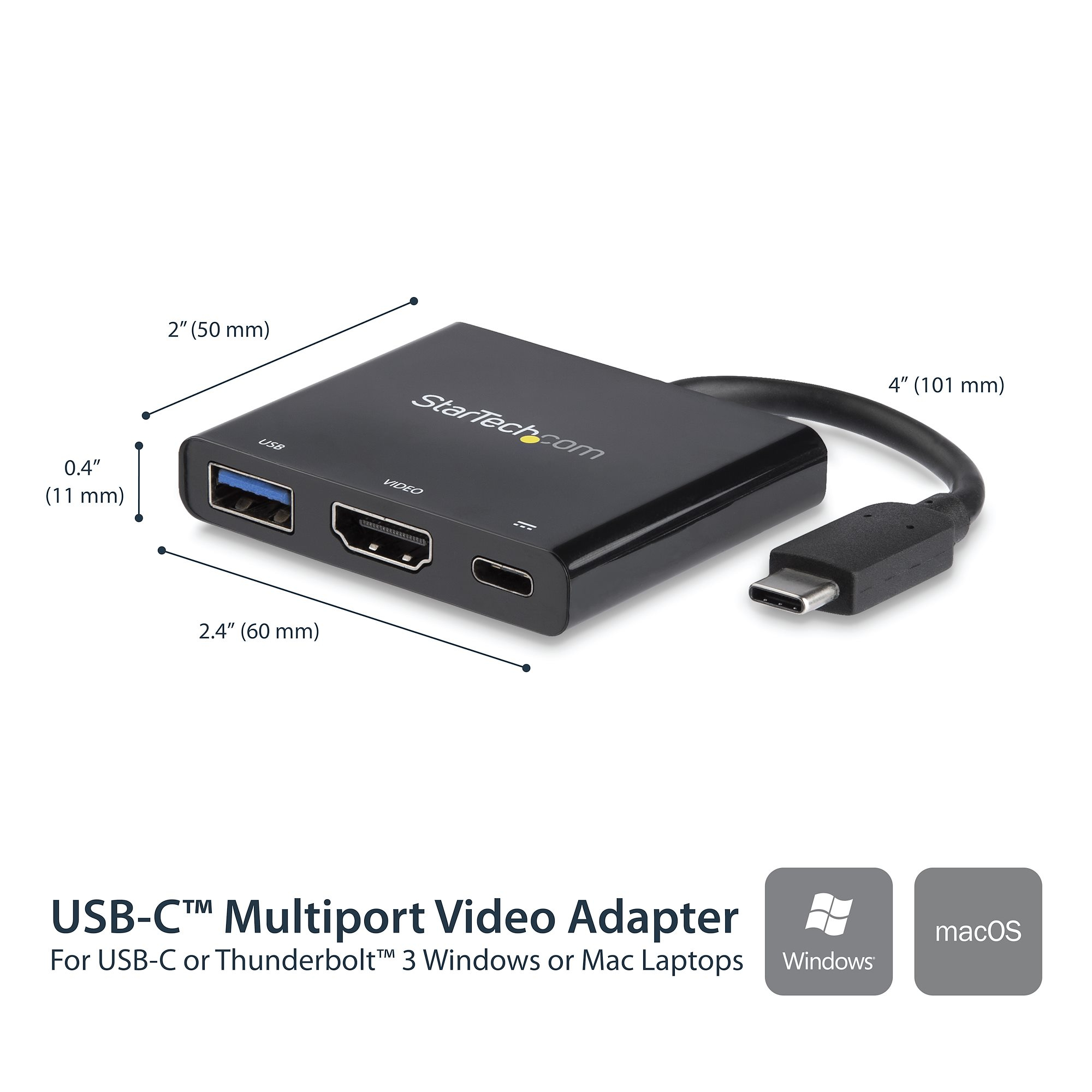 Adattatore video multiporta USB-C nero con dimensioni. Include porte USB, HDMI e USB-C.