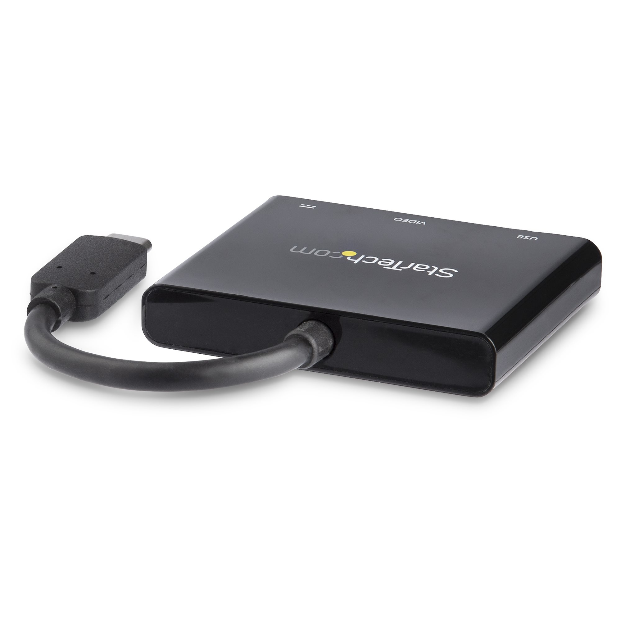 Adattatore video StarTech nero con cavo USB e connettore HDMI. Sfondo bianco.