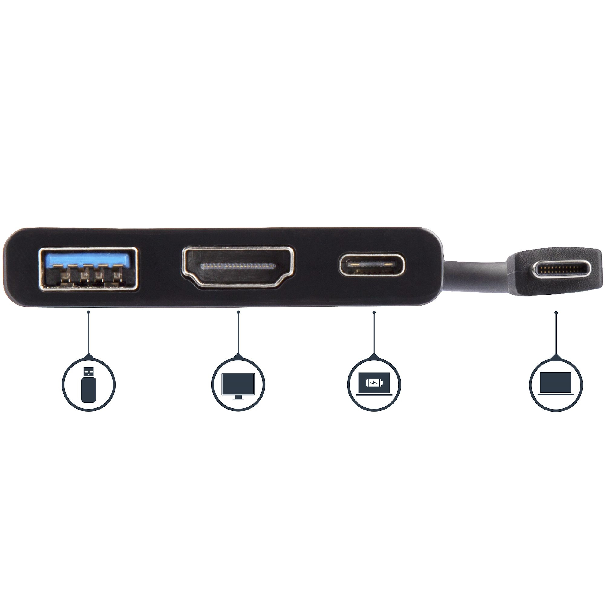 Un hub USB-C nero con porte: USB, HDMI, USB-C. Le icone indicano le funzioni.