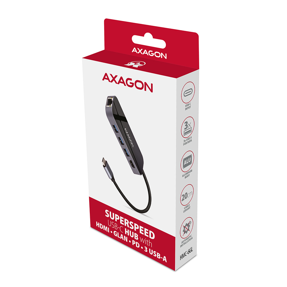Ein schwarz-grauer USB-C-Hub in einer Box mit Text und Illustrationen. Er hat mehrere Anschlüsse.
