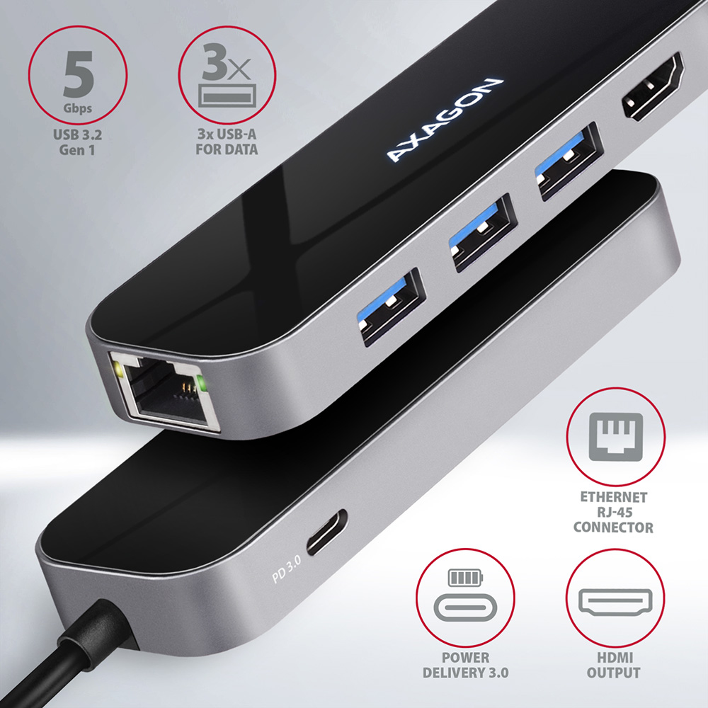 Axagon USB-Hub. Silber-Schwarz-Design. Anschlüsse und Symbole sichtbar. Nahaufnahme.
