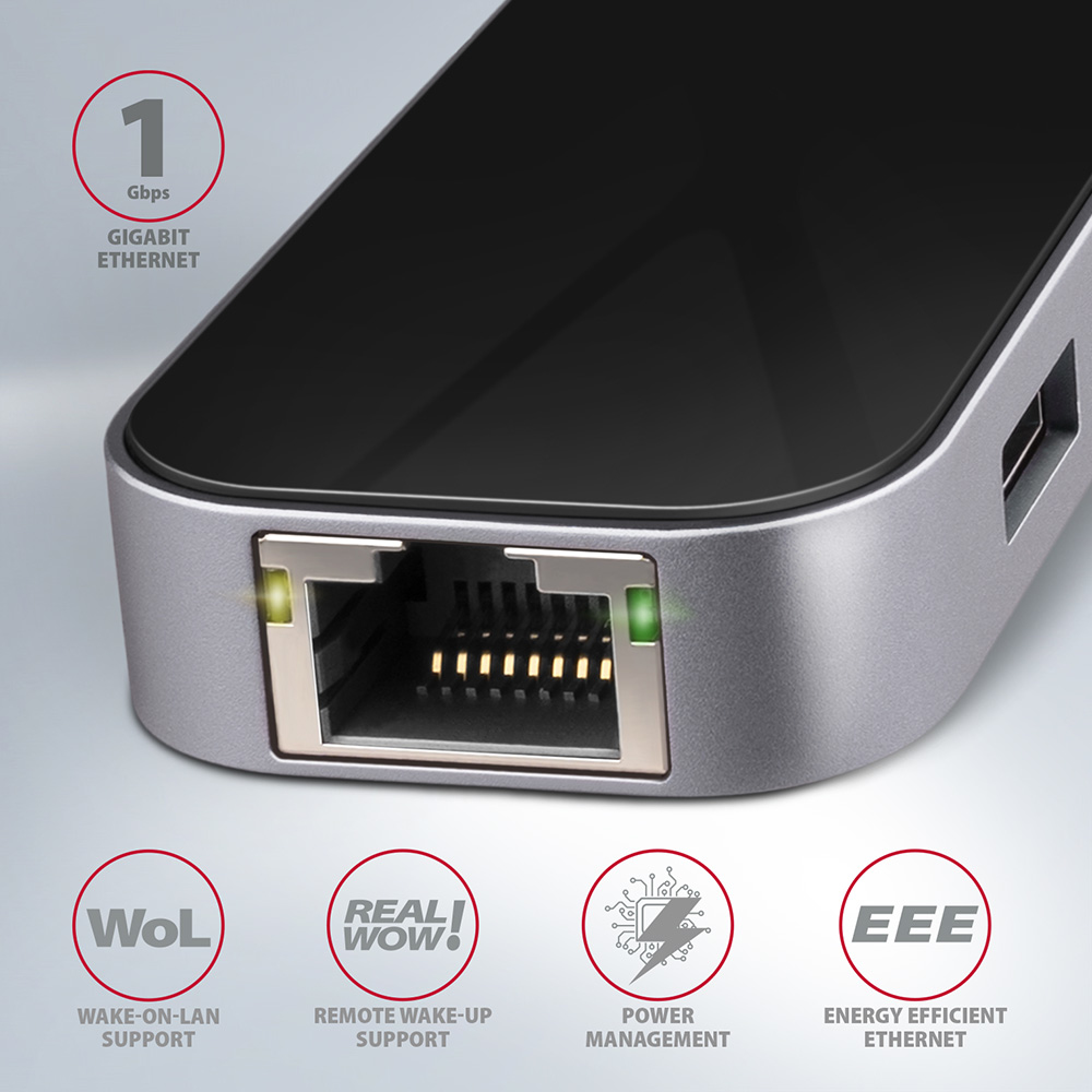 Silberner und schwarzer Netzwerkadapter mit Anschlüssen und Symbolen: Gigabit Ethernet, WoL usw.