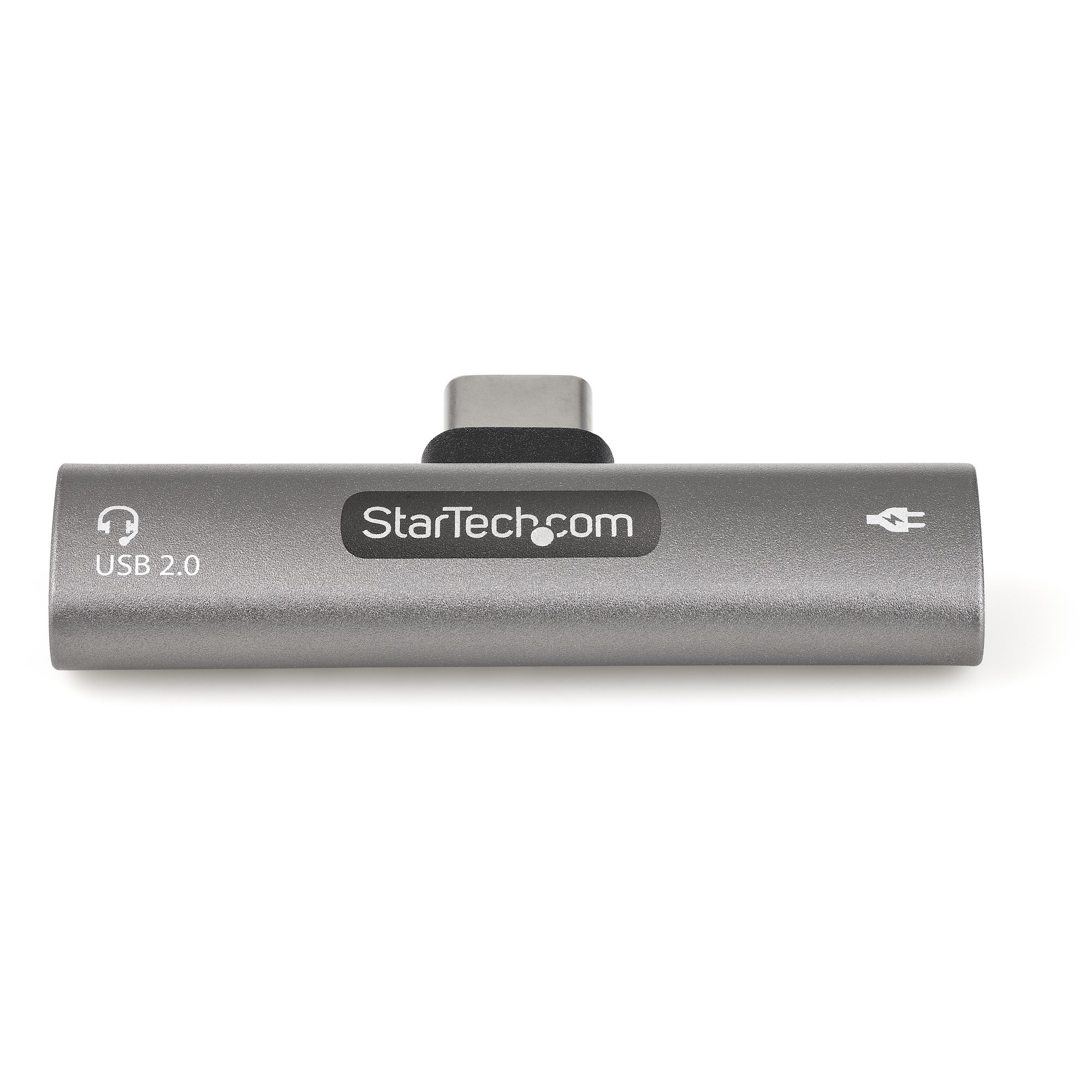 Adaptador USB-C gris con logotipo de StarTech.com. Para auriculares y carga. Fondo blanco.