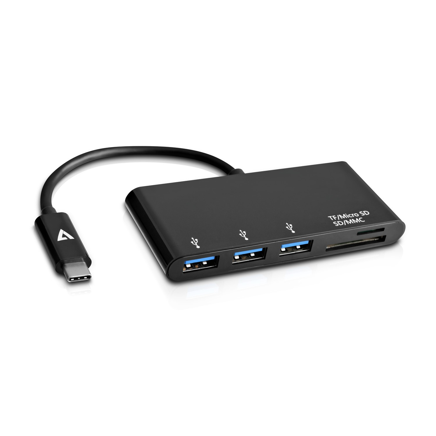Un hub USB-C nero con tre porte USB e uno slot per schede Micro SD/SD.