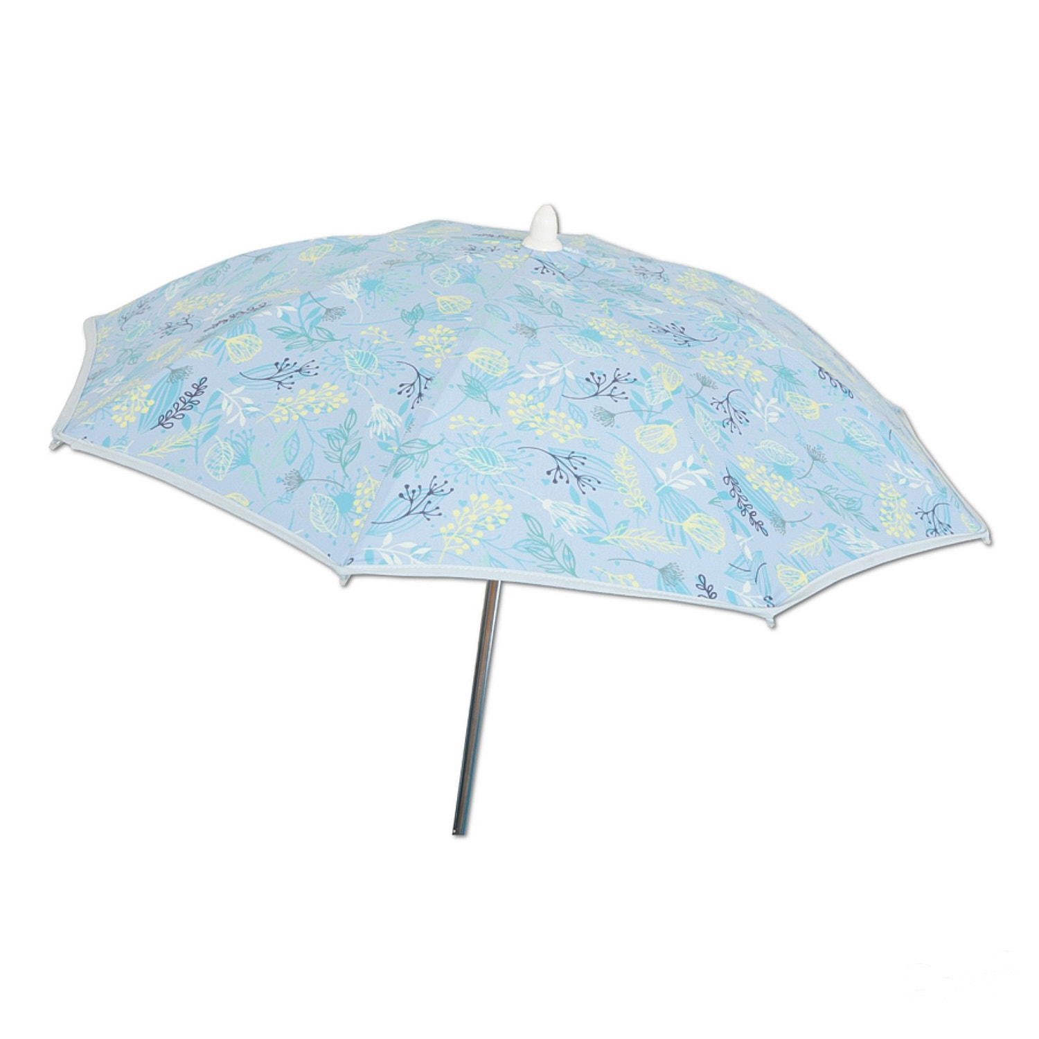 Un paraguas celeste abierto con estampado floral, sobre fondo blanco.