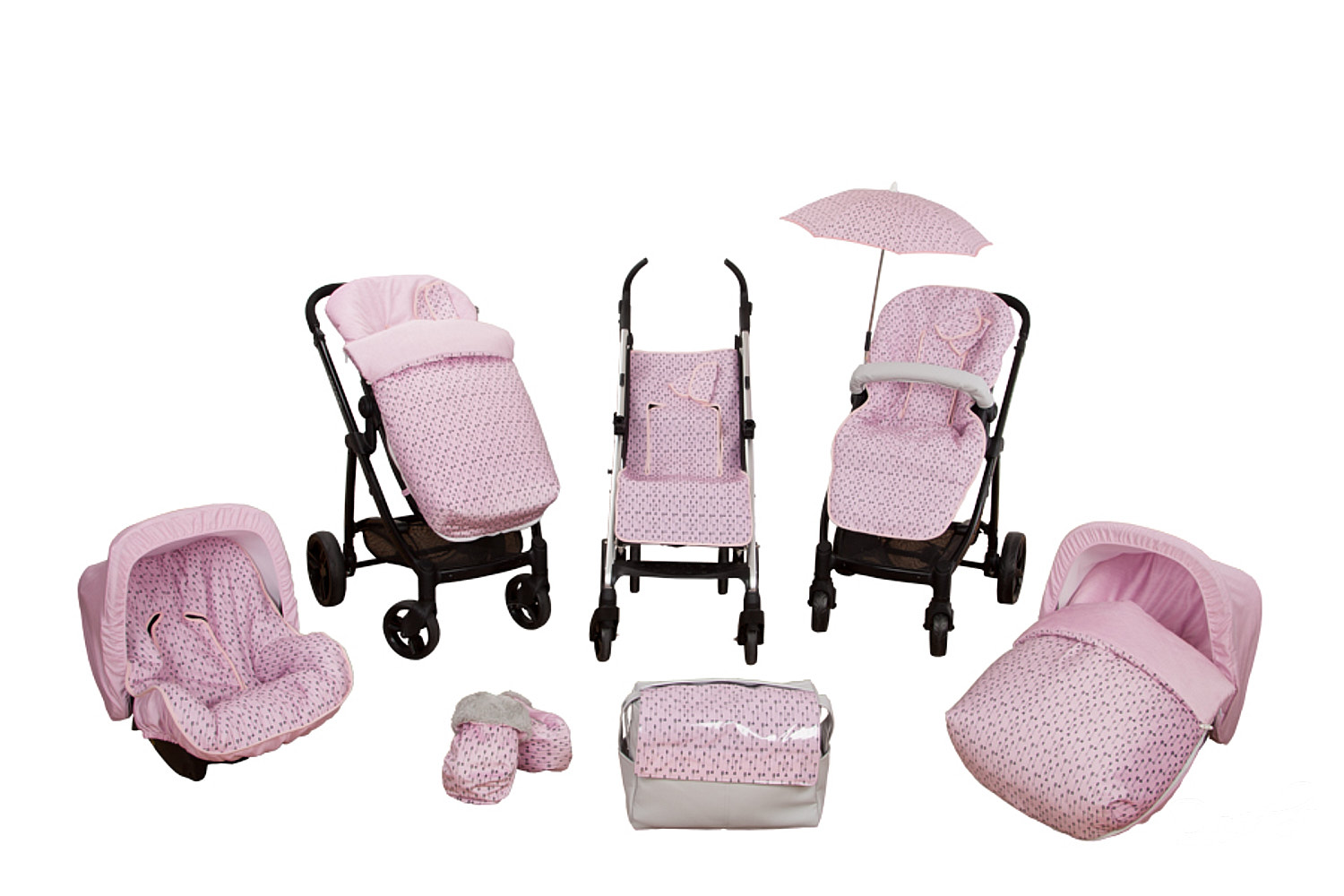 Juego de cochecito de bebé rosa con múltiples artículos. Incluye cochecito, asiento de coche y accesorios.