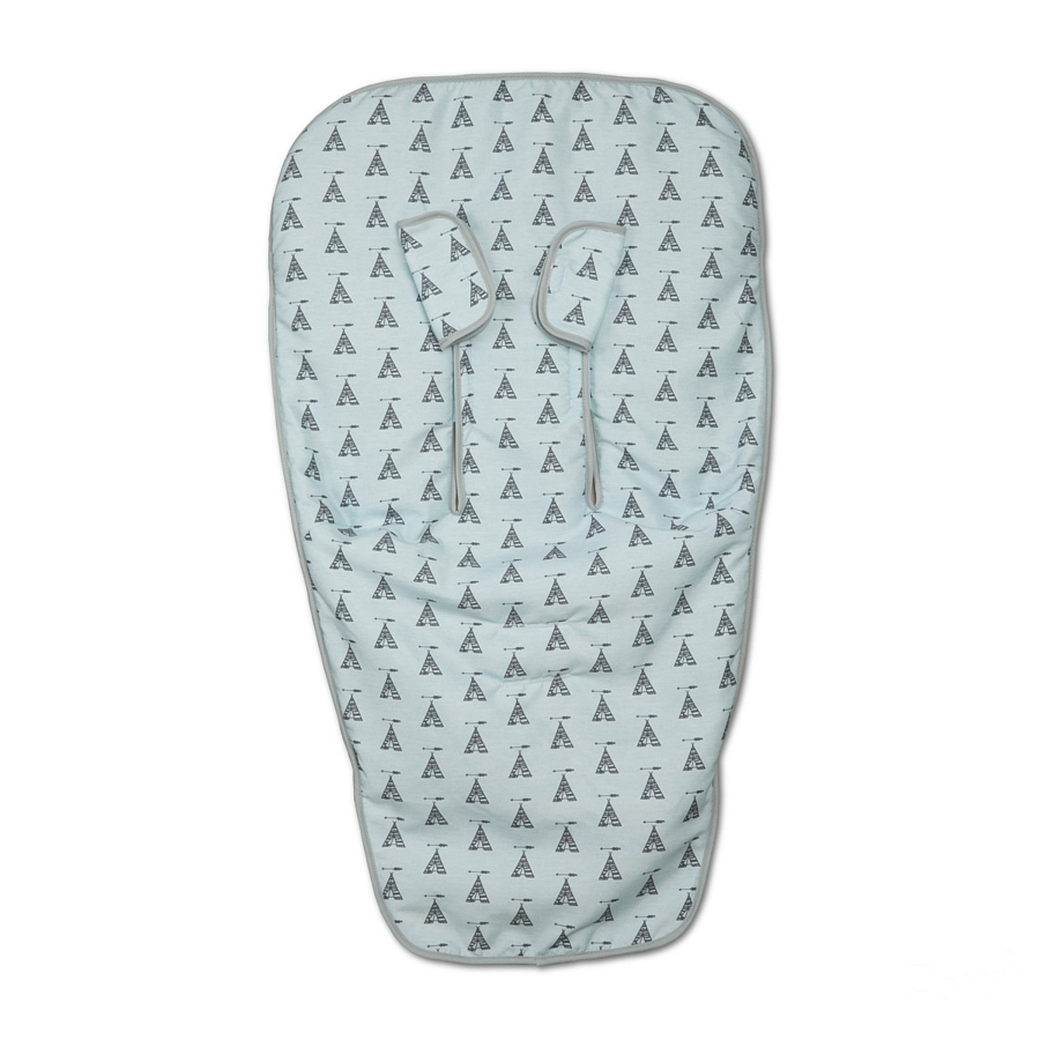 Cambiador de bebé, azul claro con estampado de tipi negro y ribete gris.