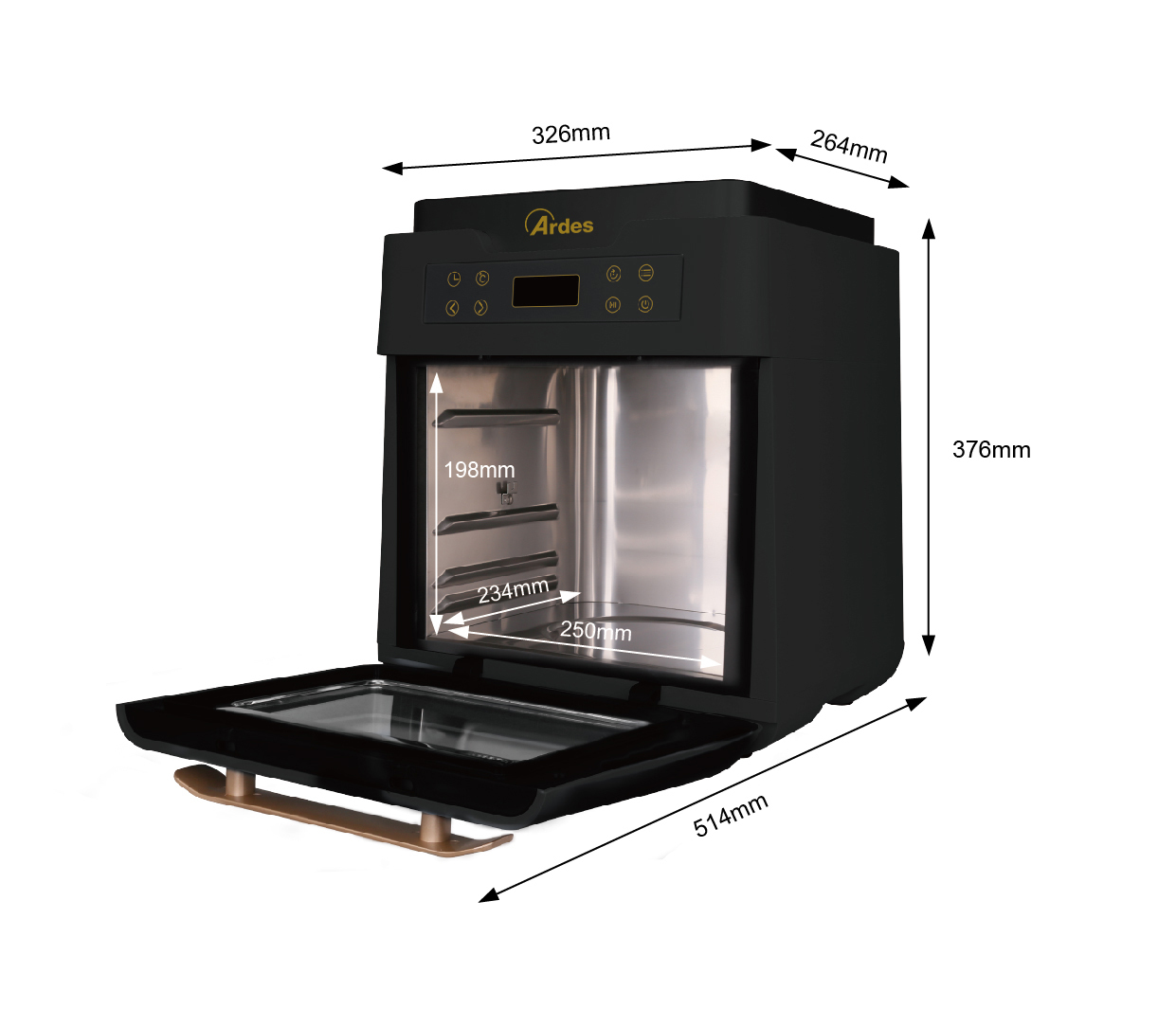 Czarny i srebrny piekarnik na blacie z otwartymi drzwiami. Wymiary wskazane strzałkami.