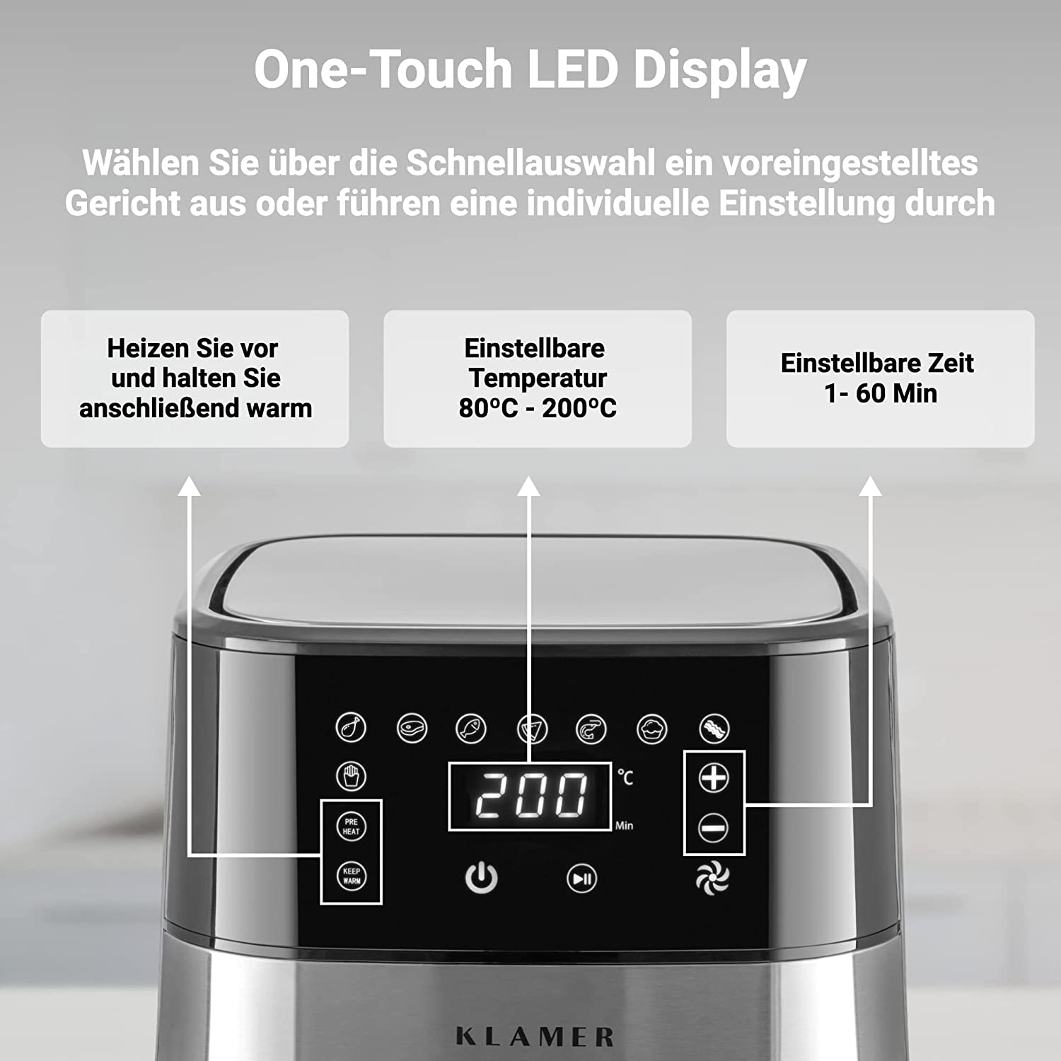 Ein Bedienfeld einer Heißluftfritteuse mit Digitalanzeige, die Einstellungen anzeigt, und beschrifteten Tasten.