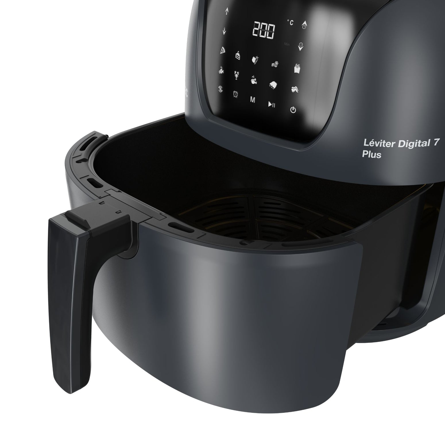 Czarna frytkownica powietrzna z otwartym koszem. Wyświetlacz cyfrowy pokazuje 200. Uchwyt po lewej.