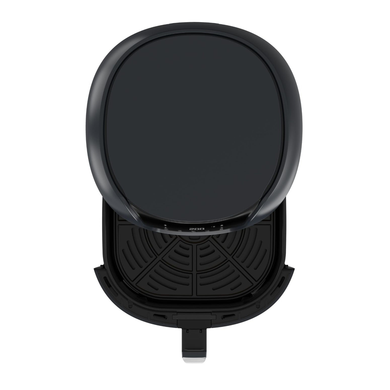 Czarna frytkownica powietrzna z otwartą pokrywą odsłaniającą wnętrze. Białe tło.