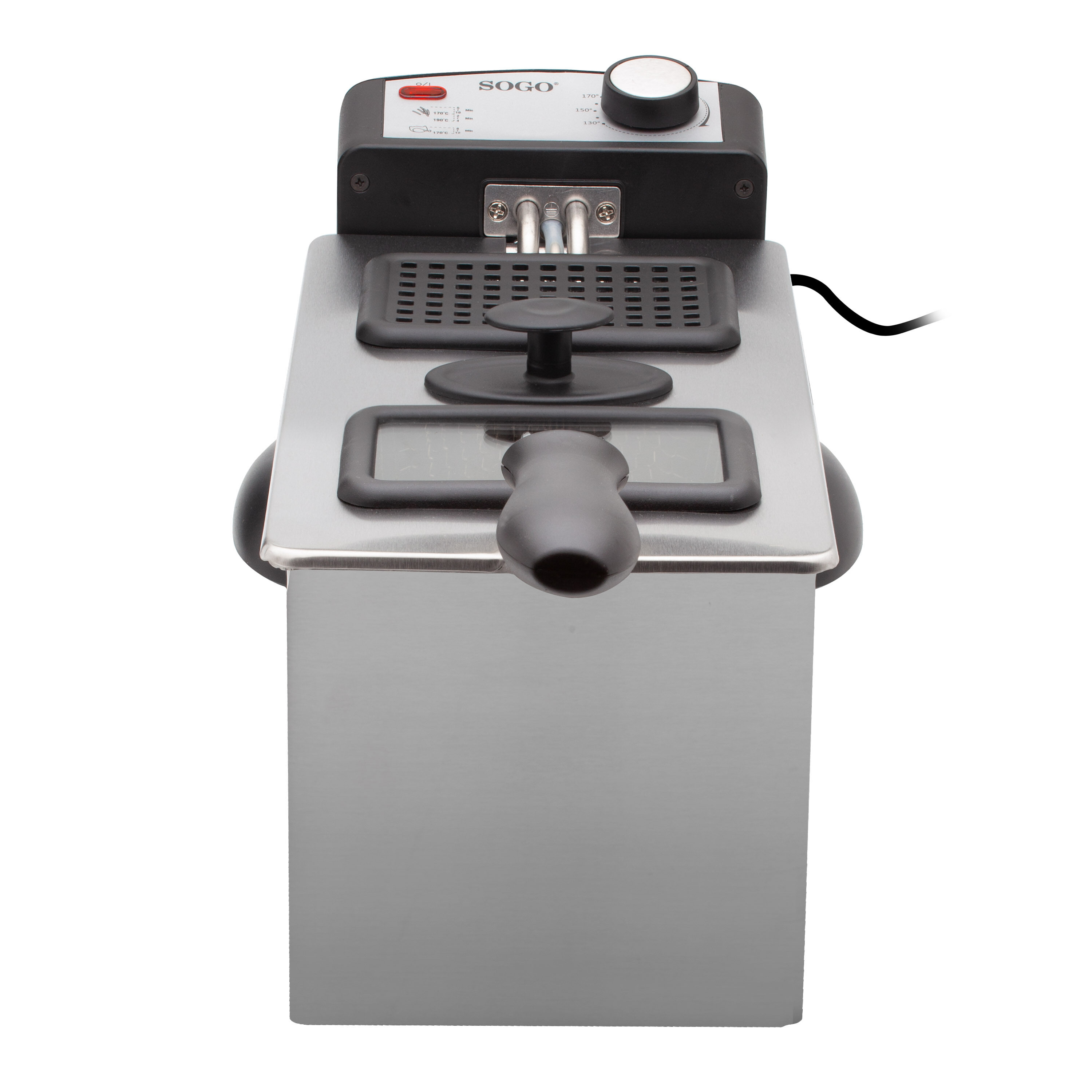 Freidora de acero inoxidable. Cuenta con un panel de control y un asa en la parte delantera.