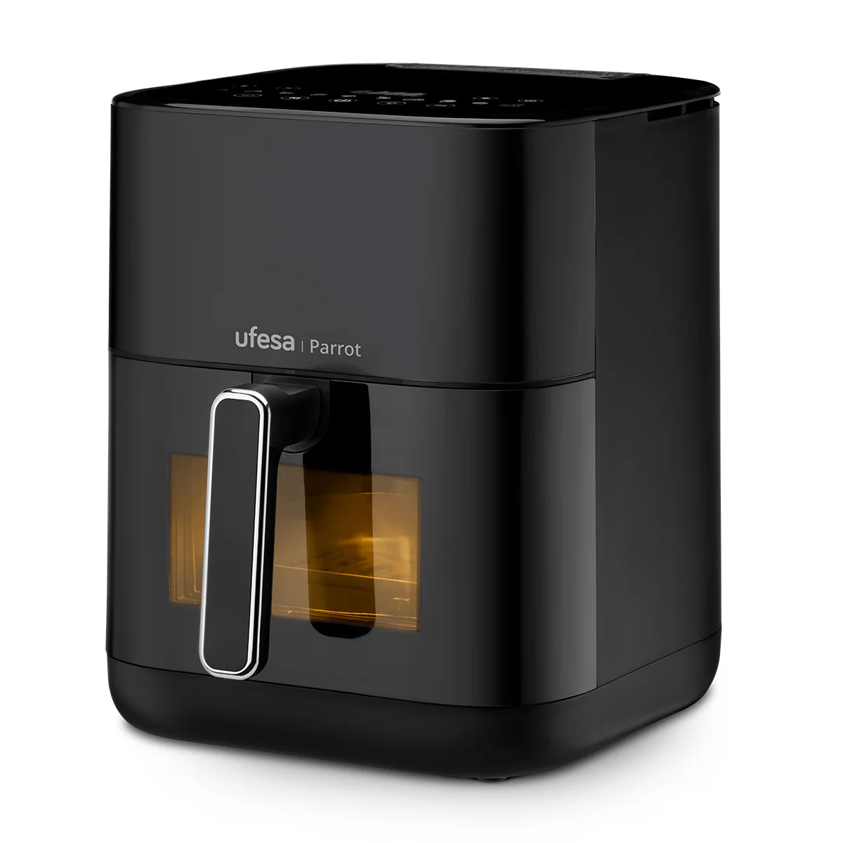 Czarna frytownica beztłuszczowa Ufesa Parrot. Okno pokazuje wnętrze. Uchwyt znajduje się z przodu.