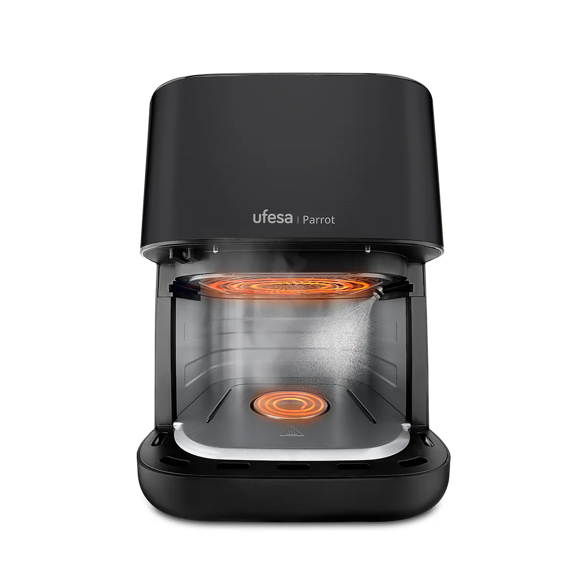 Czarne urządzenie Ufesa Parrot z pomarańczowym wnętrzem. Białe tło.