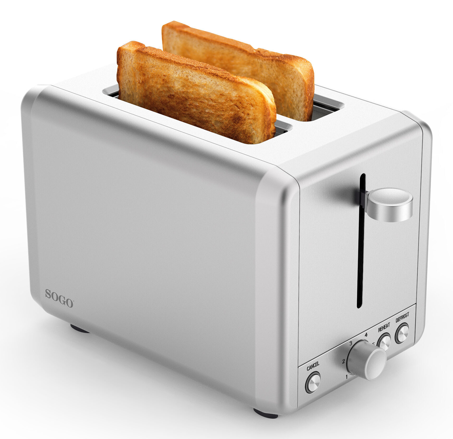 Tostapane argentato con due fette di pane tostato. Il tostapane ha pulsanti e un quadrante.