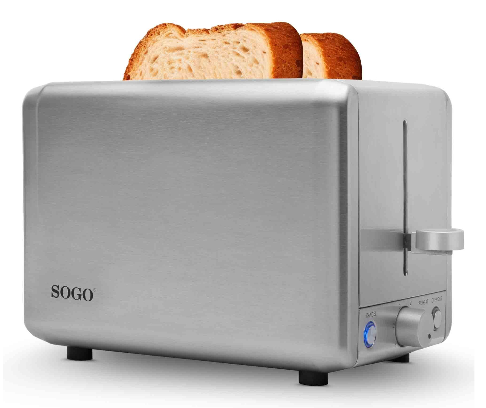 Un tostapane argentato con due fette di pane tostato.