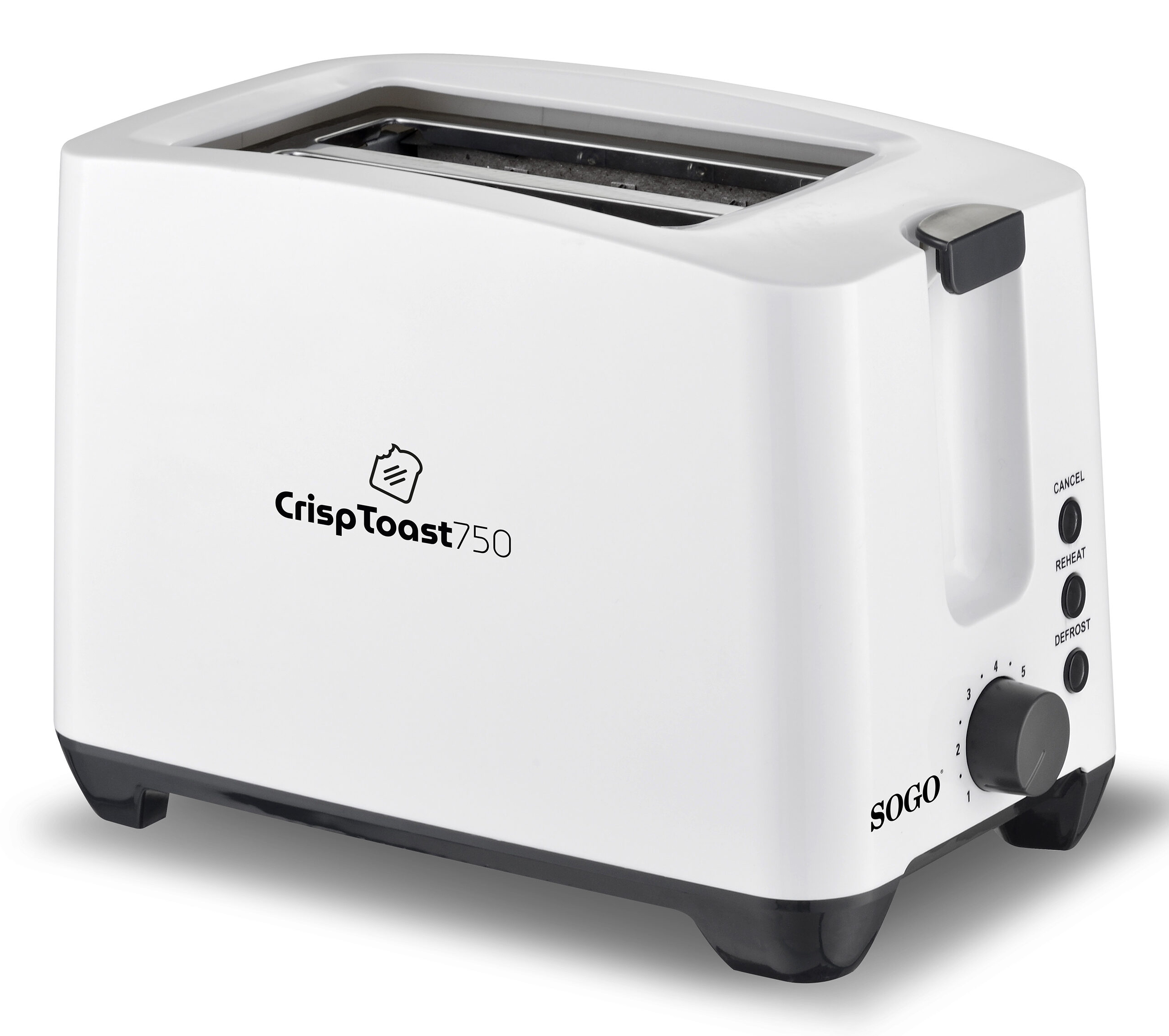 Tostadora CrispToast 750 blanca. Tiene un dial y botones para cancelar, recalentar y descongelar.