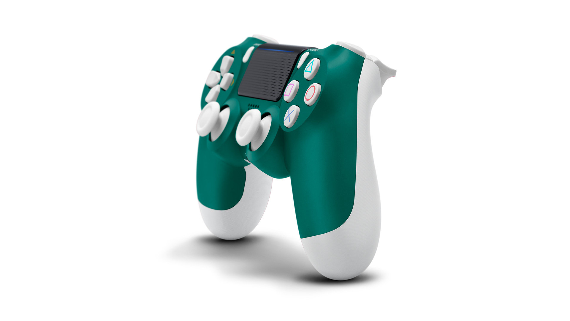 Türkis-weißer Gamecontroller. Knöpfe und Joysticks sind sichtbar.