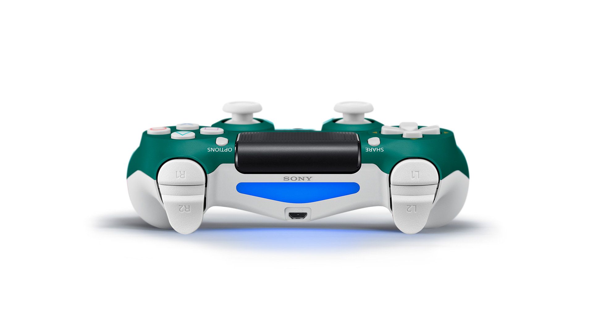 Türkis, weiß und schwarzes Gamepad. Knöpfe und Joysticks. Sony-Logo auf weißem Grund.