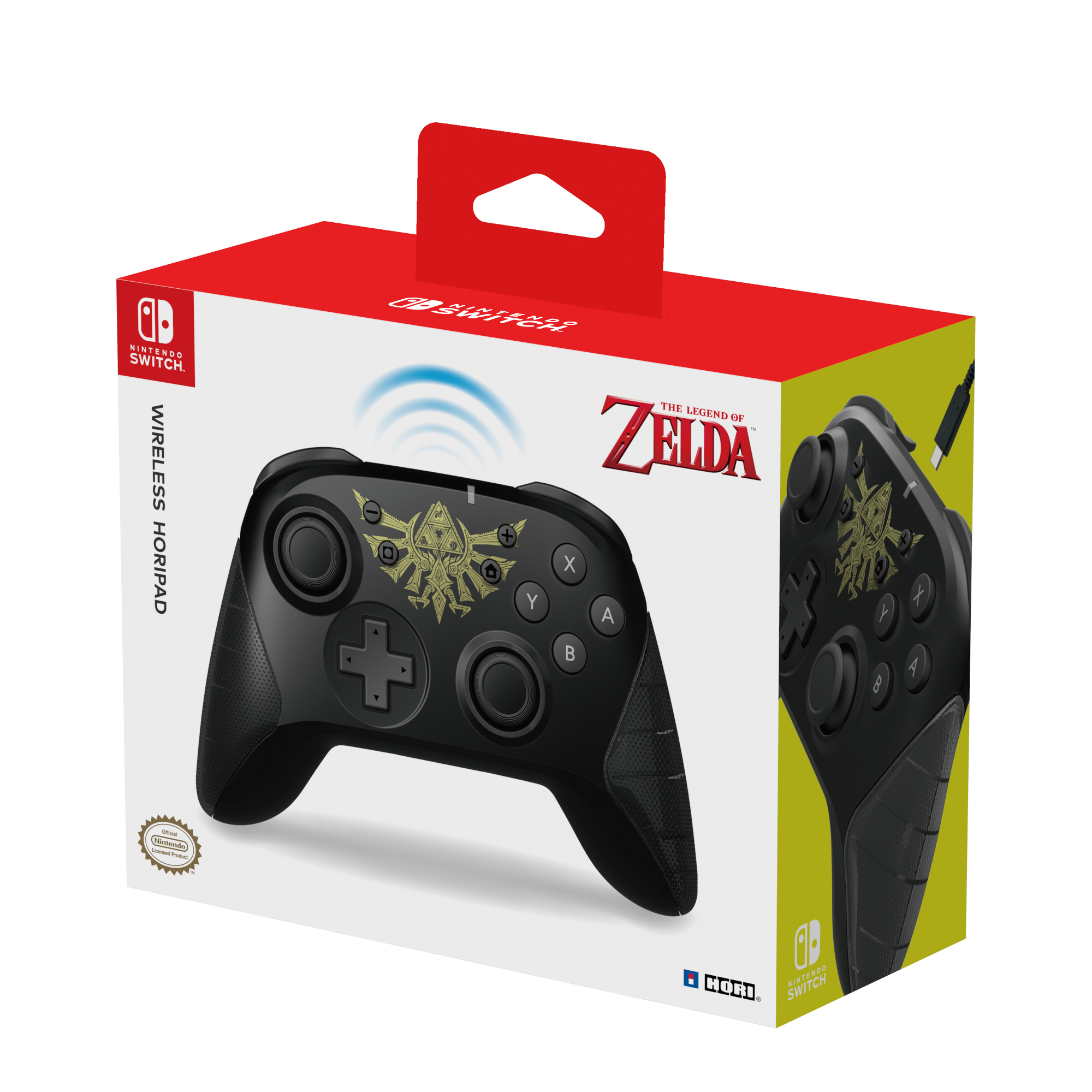 Box einer Wireless-Controller für die Nintendo Switch. Schwarzer Controller mit Zelda-Design. Rote Box.