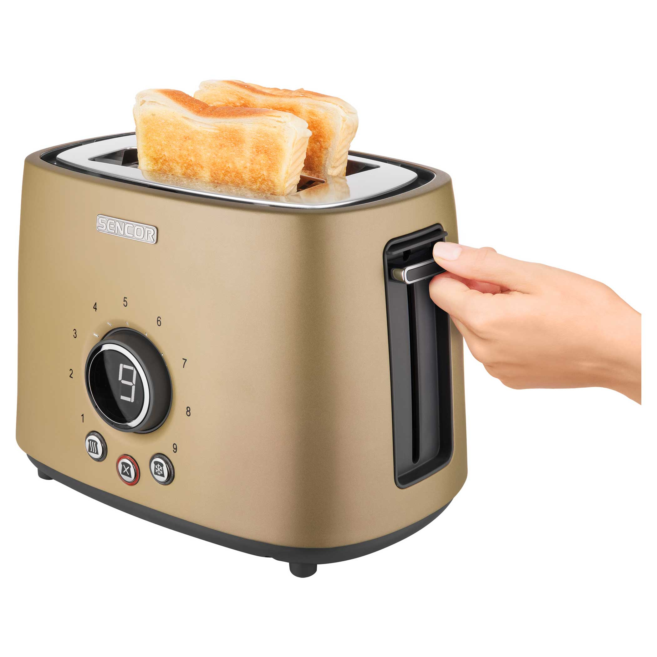 Goldener Toaster mit zwei Toastscheiben, Hand justiert den Hebel.