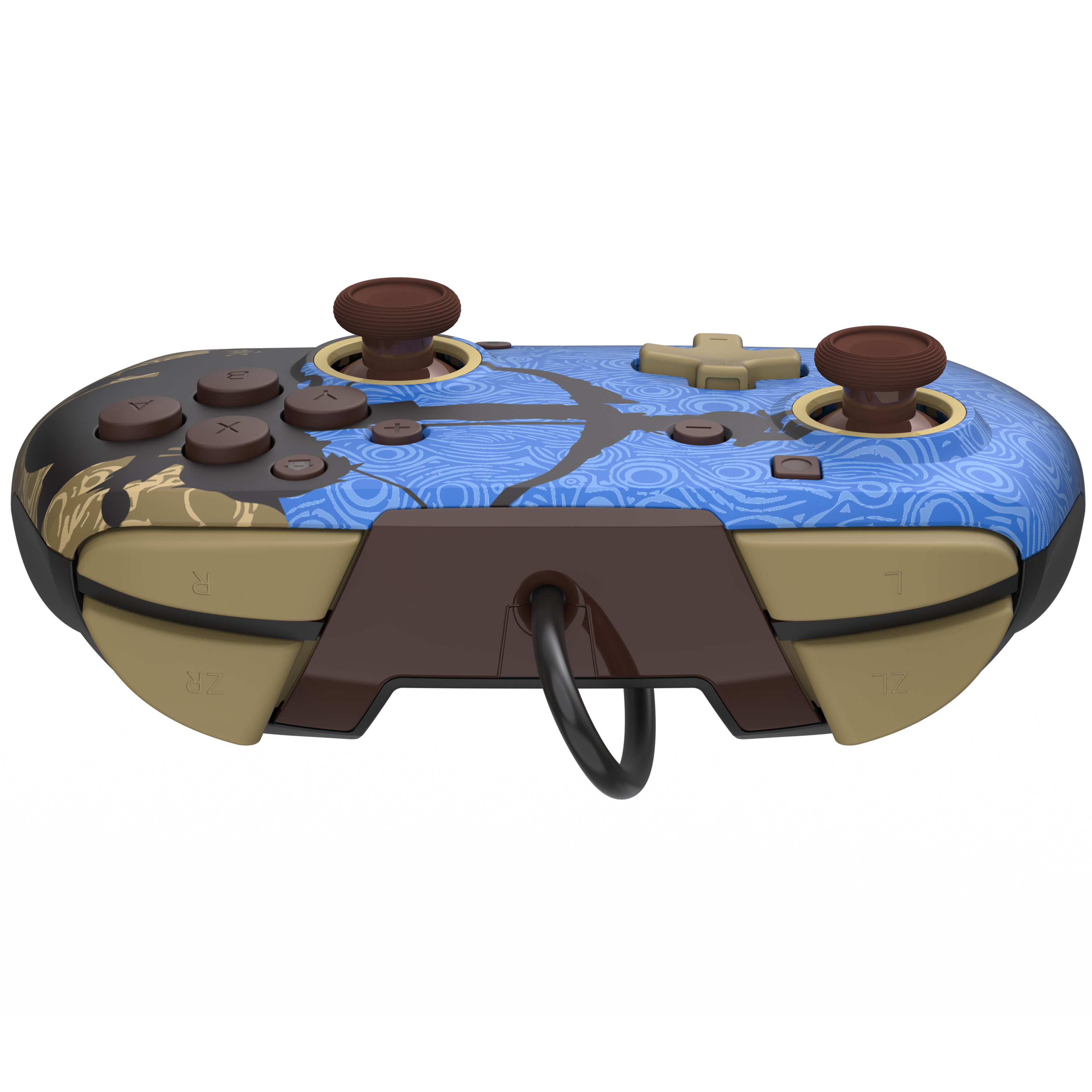 Niebiesko-brązowy kontroler Nintendo Switch o unikalnym designie.