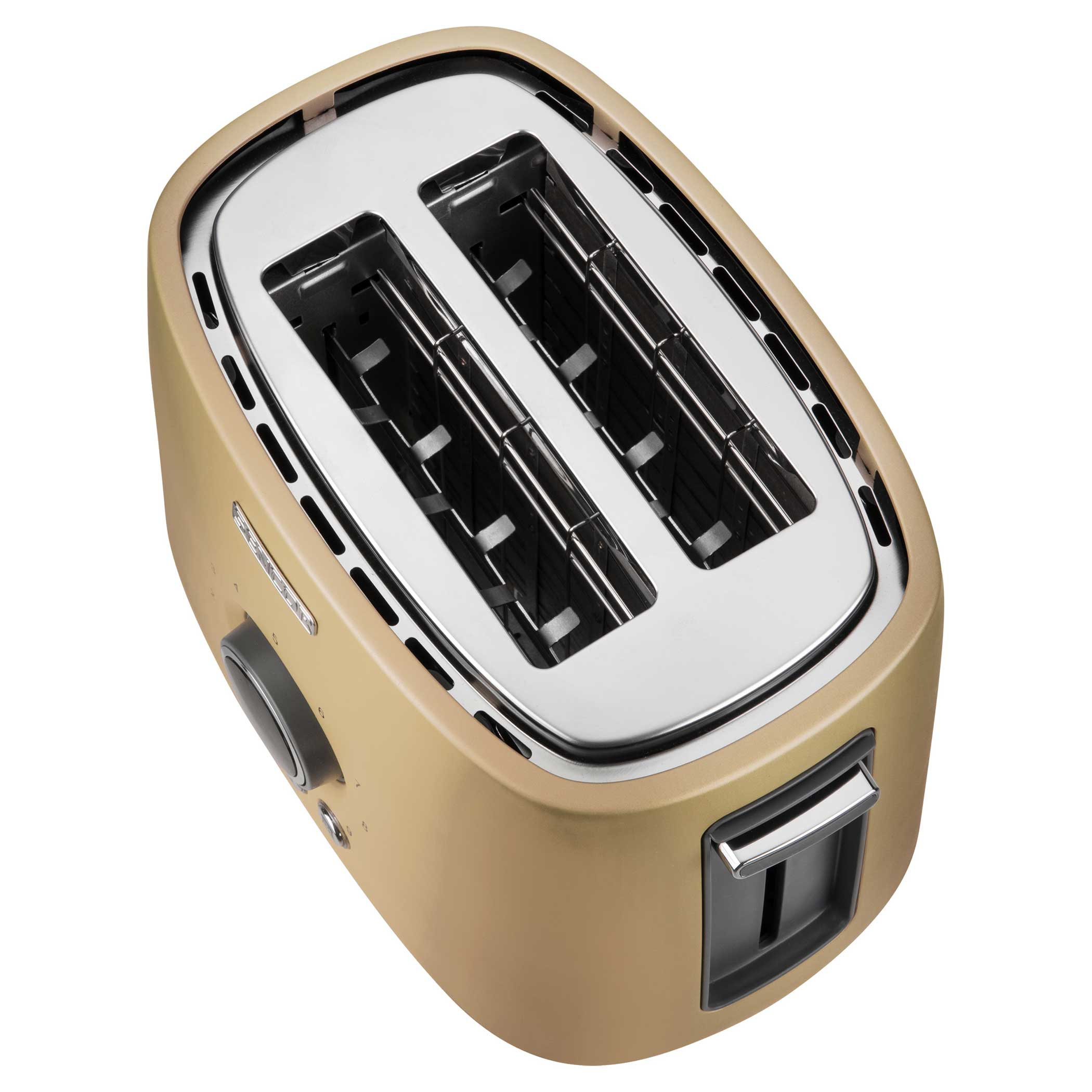 Beigefarbener Toaster, Draufsicht. Silbernes Innere, Drehregler und Knopf. Weißer Hintergrund.