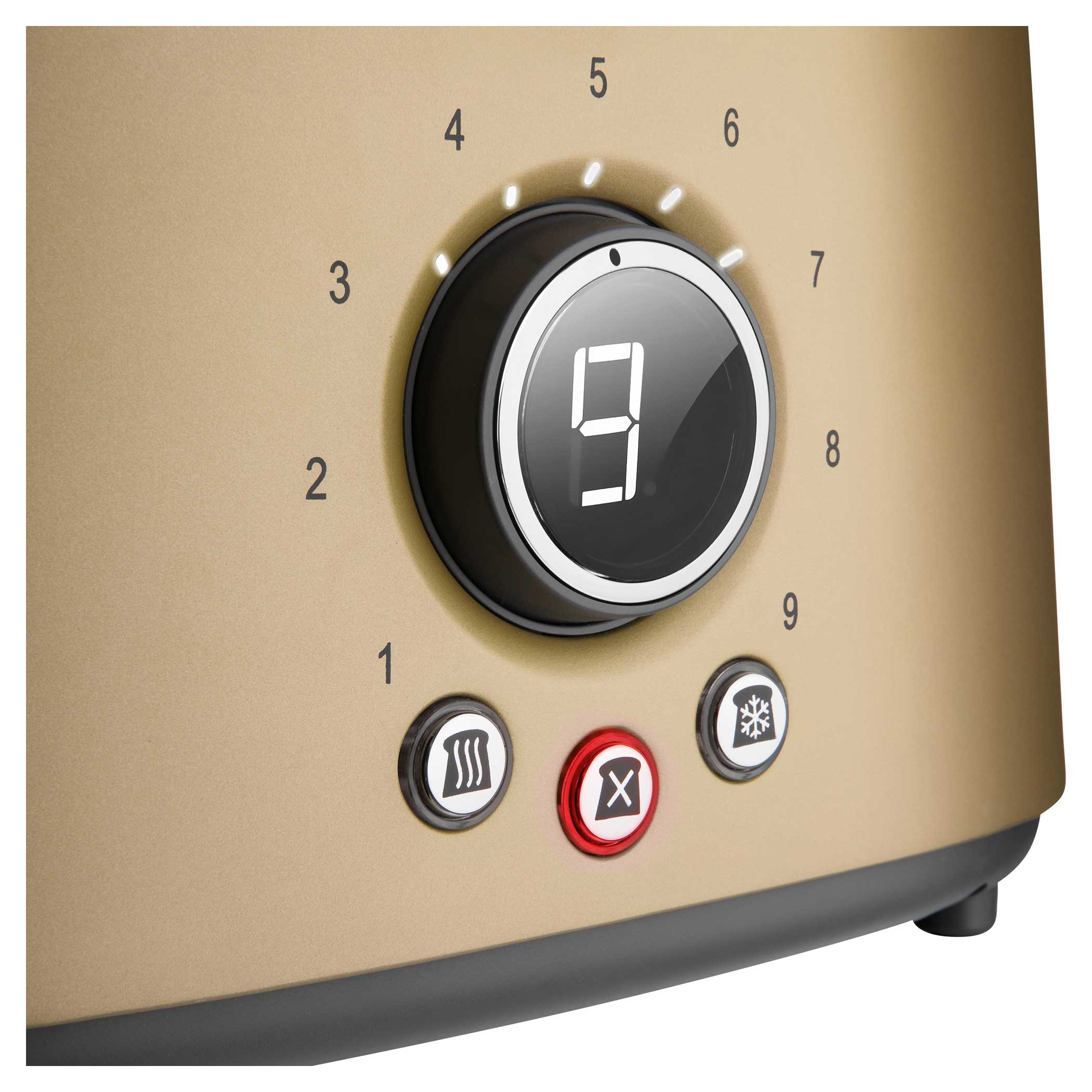 Nahaufnahme des Toaster-Bedienfelds. Zahlen 1-9, Digitalanzeige zeigt 9, Abbruch- und Auftautasten.