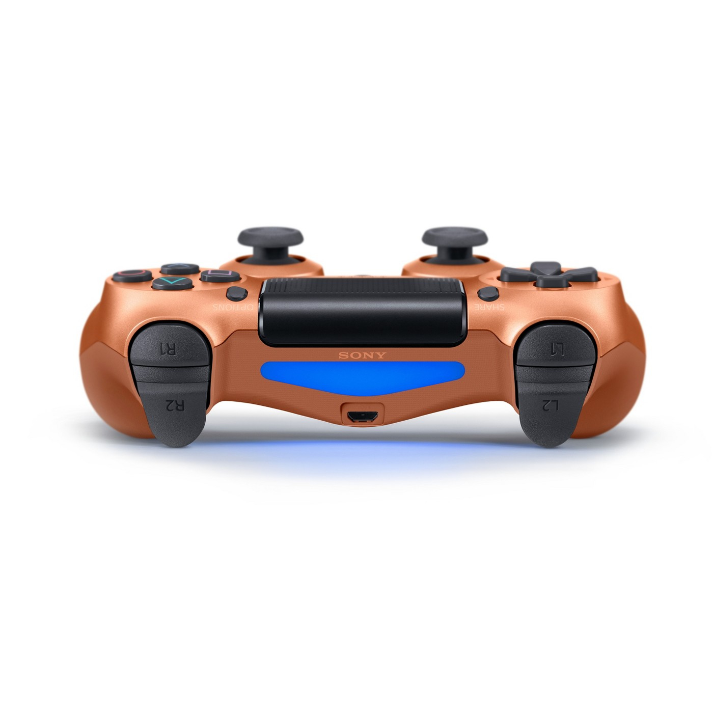 Koperkleurige Playstation-controller met knoppen, een zwart midden en blauw licht.