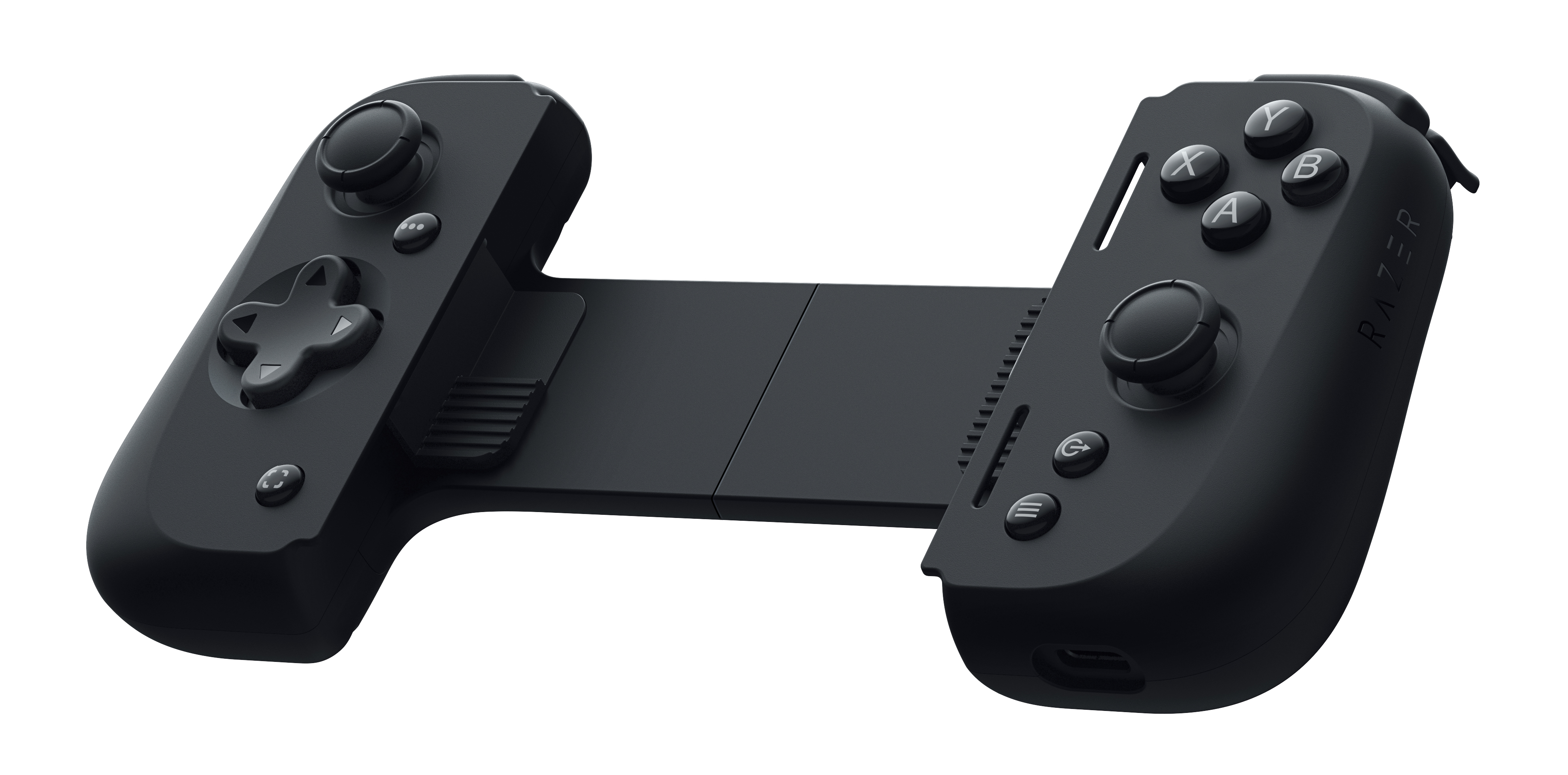 Schwarzes Razer-Gamepad. Es hat Knöpfe, ein Steuerkreuz und zwei Analogsticks. Der Hintergrund ist weiß.